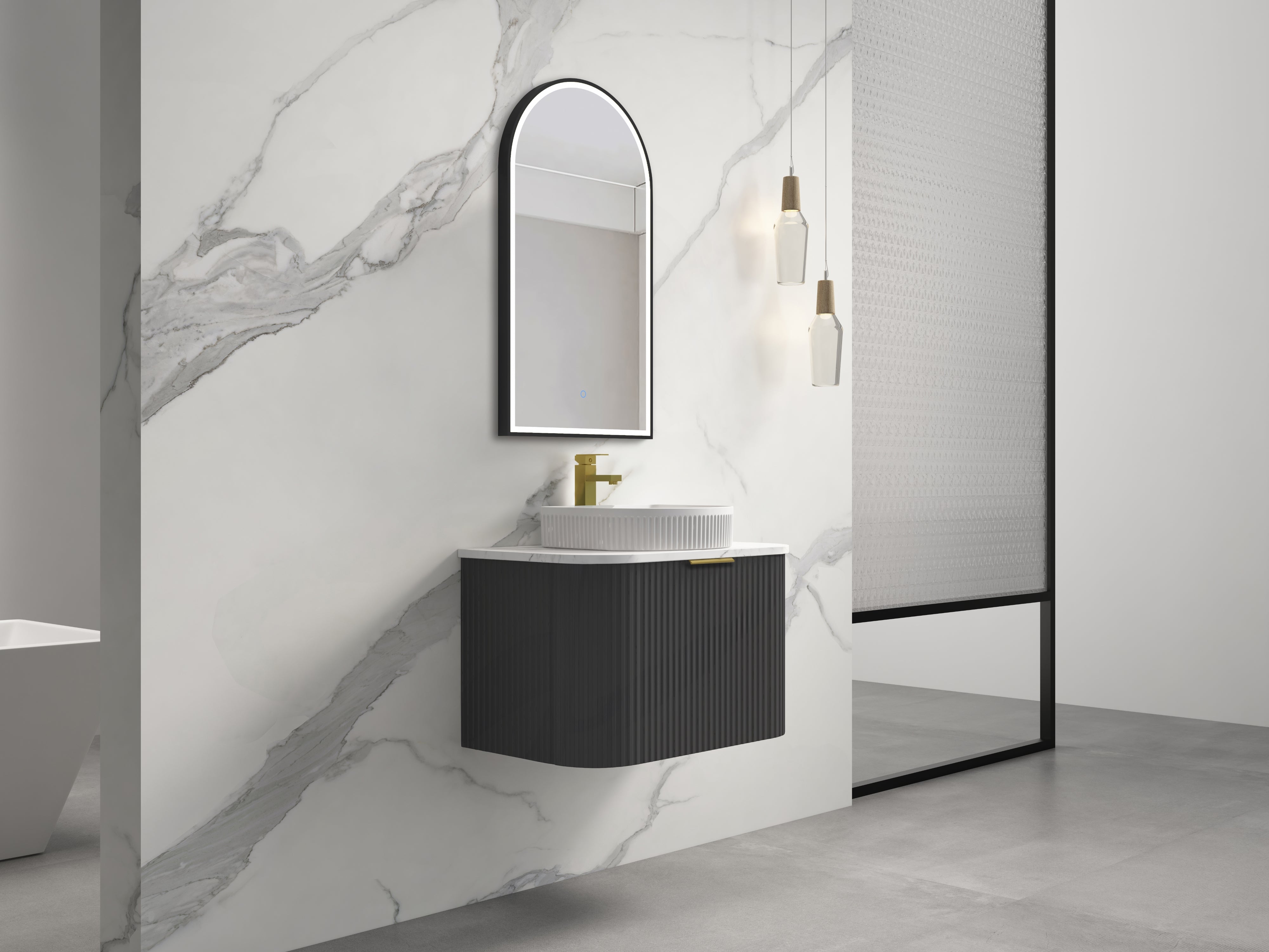 INFINITY RIO BLACK 600MM CURVED SINGLE BOWL WALL HUNG VANITY