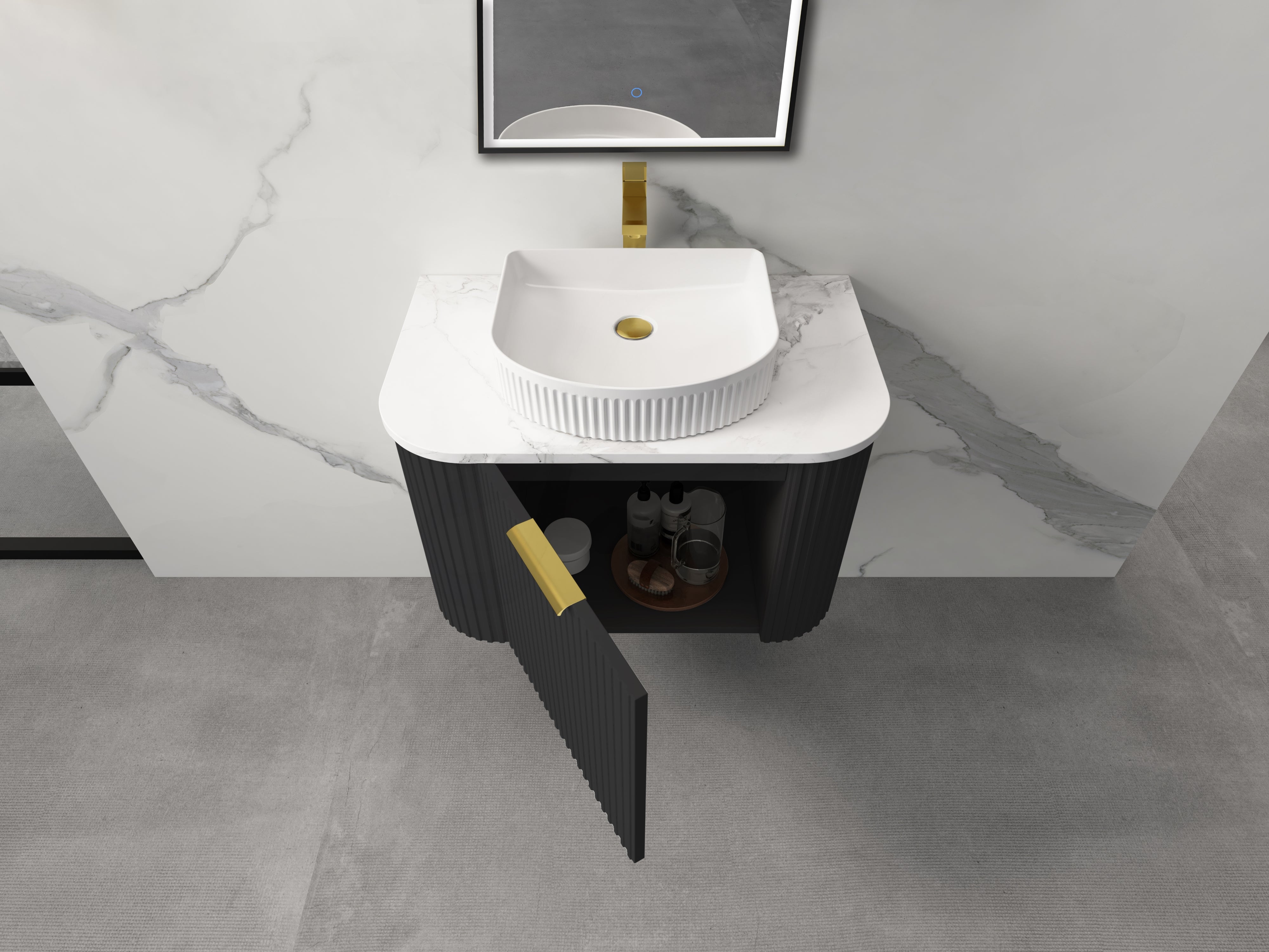 INFINITY RIO BLACK 600MM CURVED SINGLE BOWL WALL HUNG VANITY