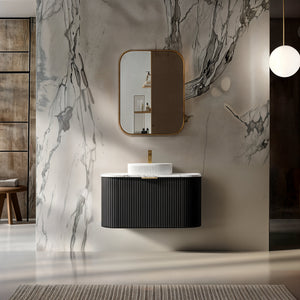 INFINITY RIO BLACK 900MM CURVE SINGLE BOWL WALL HUNG VANITY W/ GERMAN HETTICH RUNNERS
