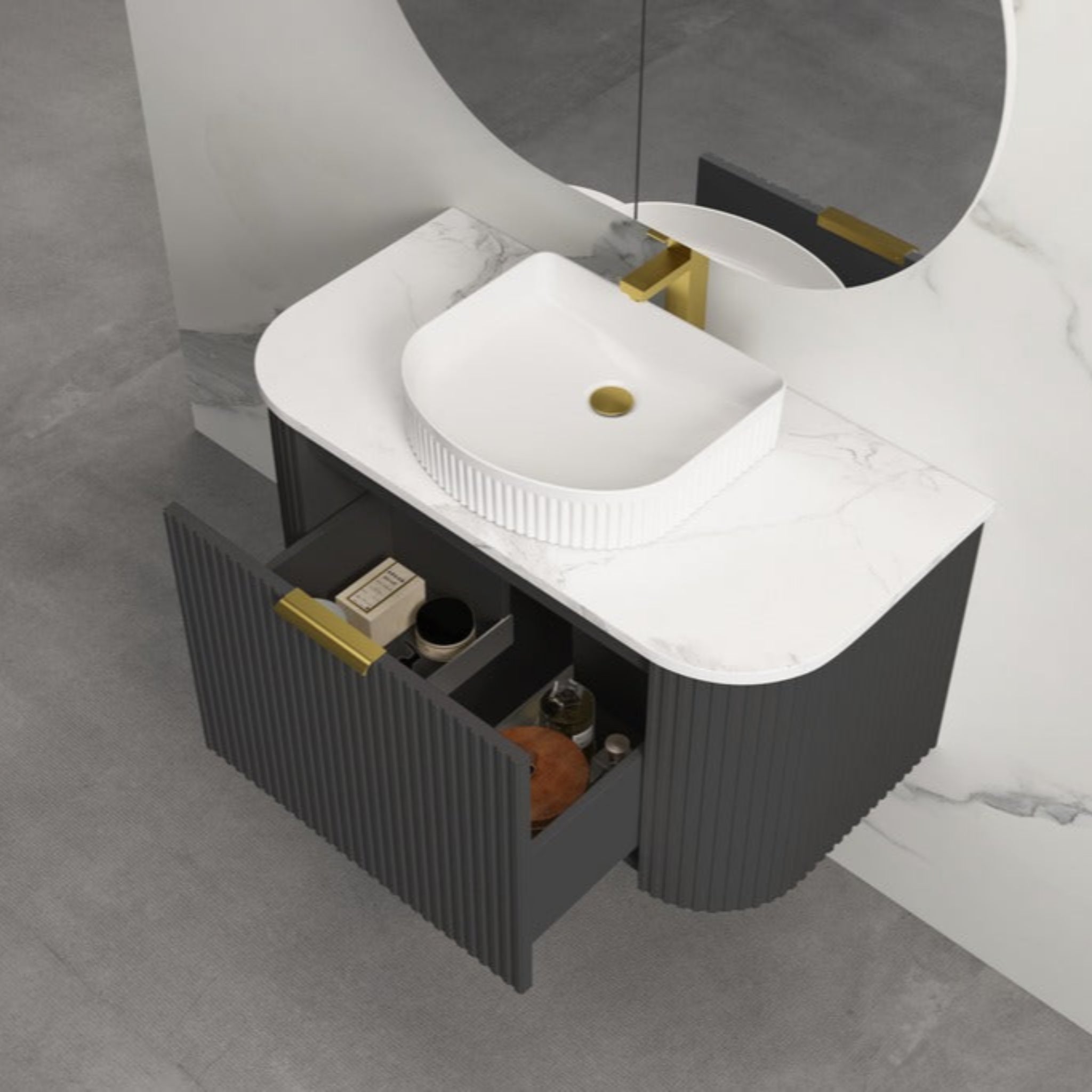 INFINITY RIO BLACK 900MM CURVE SINGLE BOWL WALL HUNG VANITY W/ GERMAN HETTICH RUNNERS