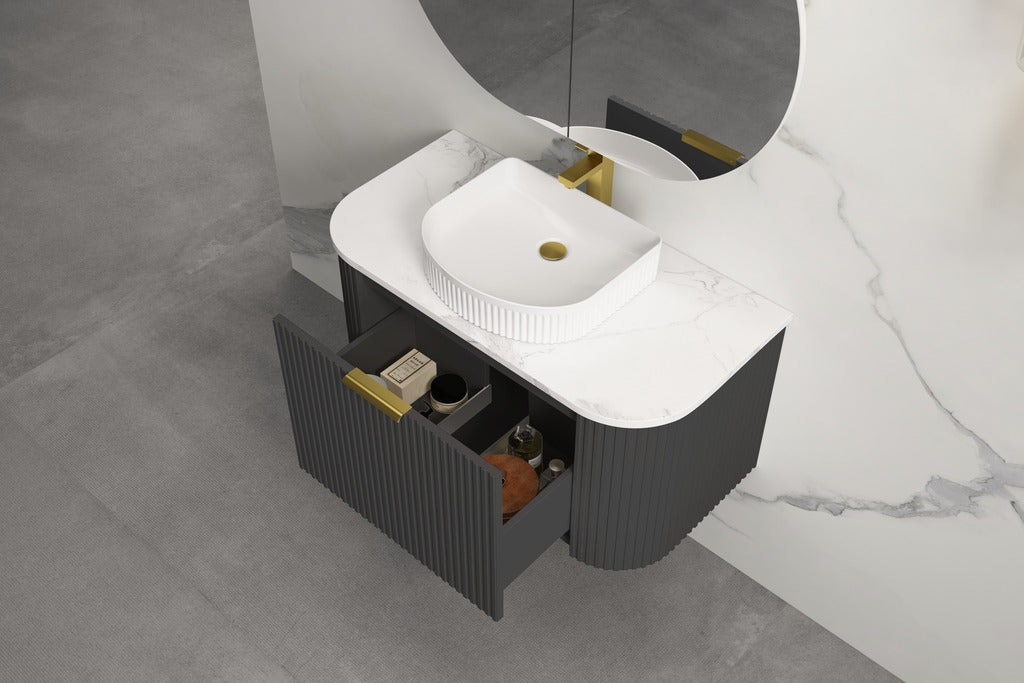 INFINITY RIO BLACK 900MM CURVE SINGLE BOWL WALL HUNG VANITY W/ GERMAN HETTICH RUNNERS