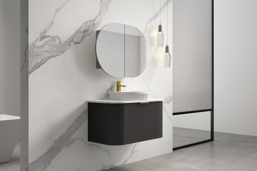 INFINITY RIO BLACK 900MM CURVE SINGLE BOWL WALL HUNG VANITY W/ GERMAN HETTICH RUNNERS