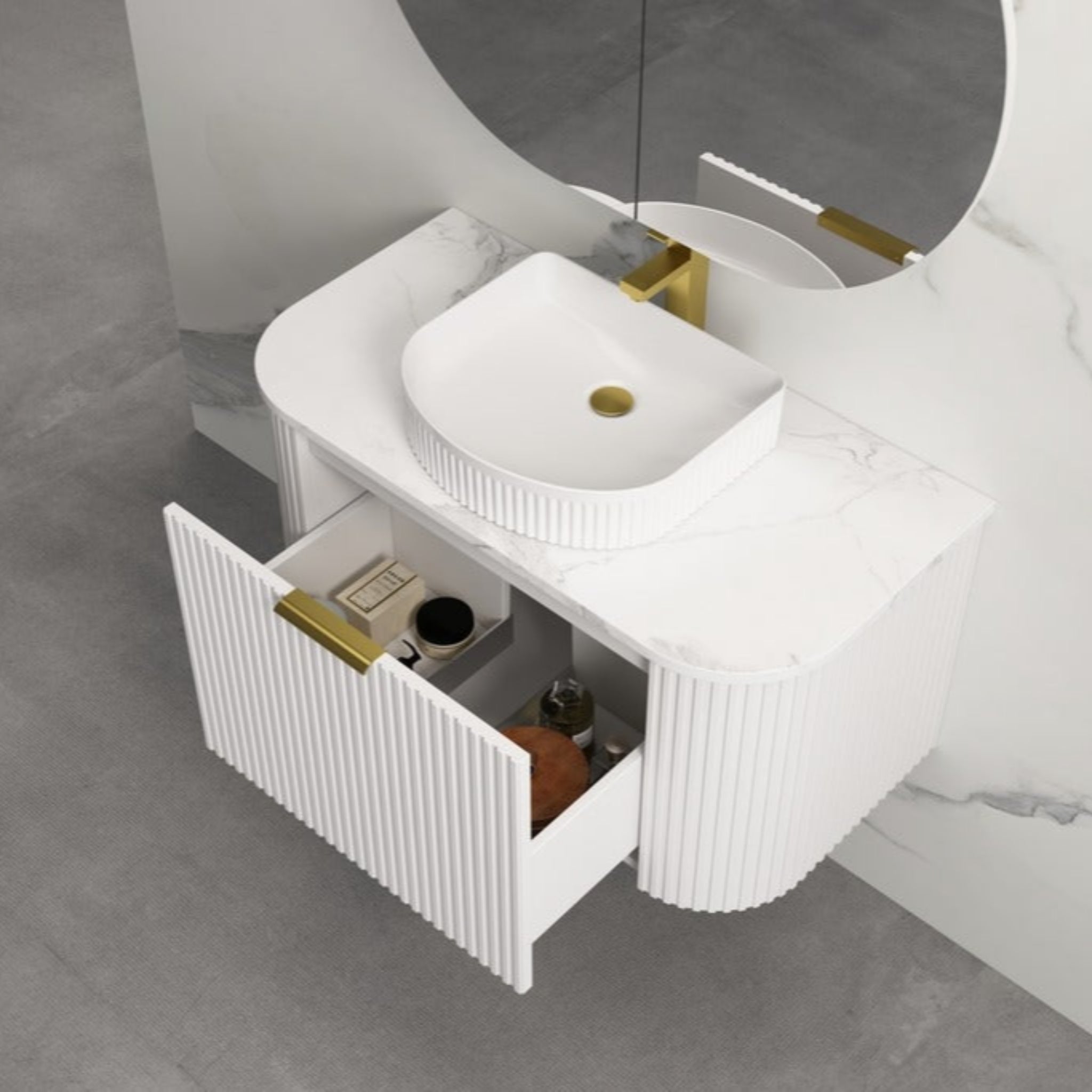 INFINITY RIO MATTE WHITE 900MM CURVED SINGLE BOWL WALL HUNG VANITY W/ GERMAN HETTICH RUNNERS