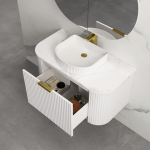 INFINITY RIO MATTE WHITE 900MM CURVED SINGLE BOWL WALL HUNG VANITY W/ GERMAN HETTICH RUNNERS