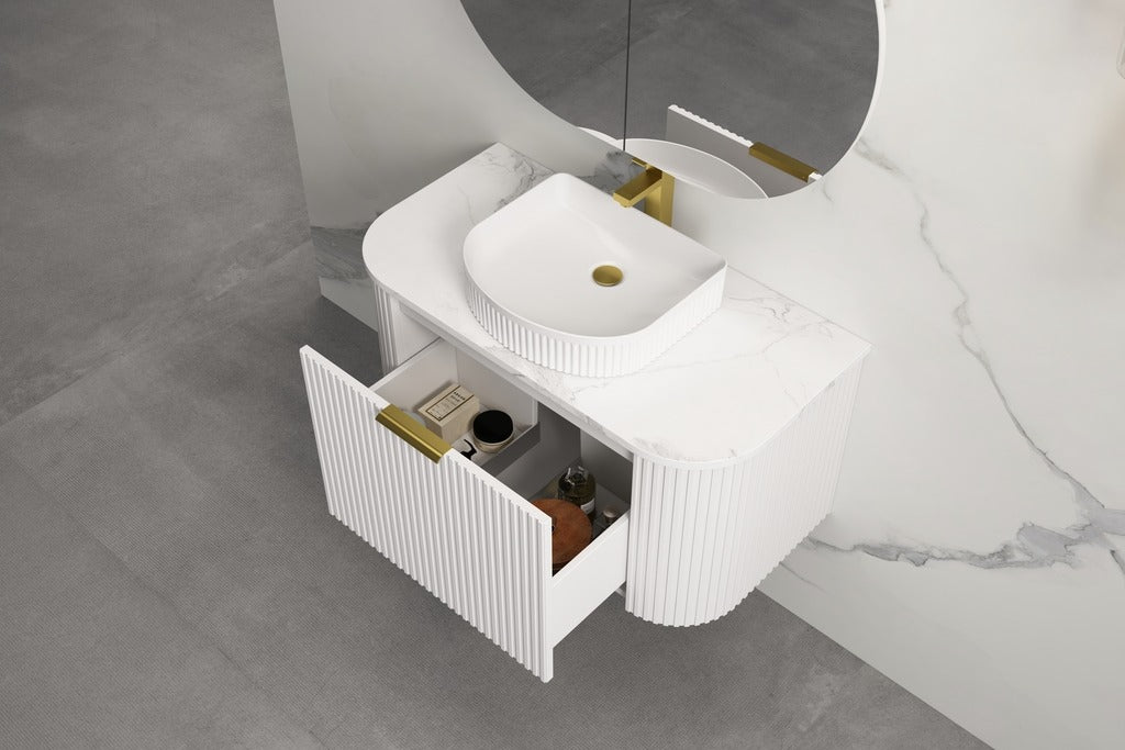 INFINITY RIO MATTE WHITE 900MM CURVED SINGLE BOWL WALL HUNG VANITY W/ GERMAN HETTICH RUNNERS