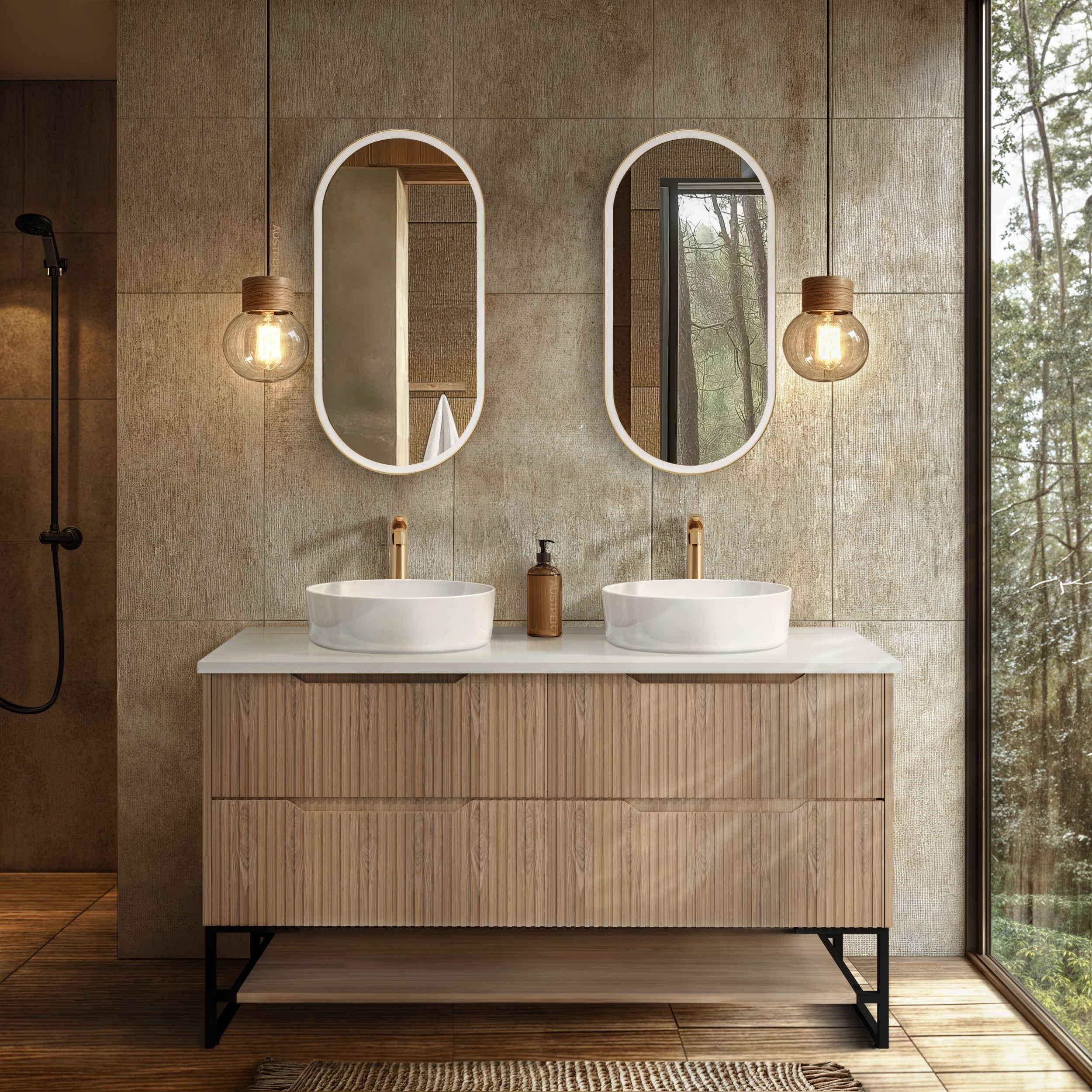 RIVA BALI AMERICAN OAK 1500MM DOUBLE BOWL FLOOR STANDING VANITY