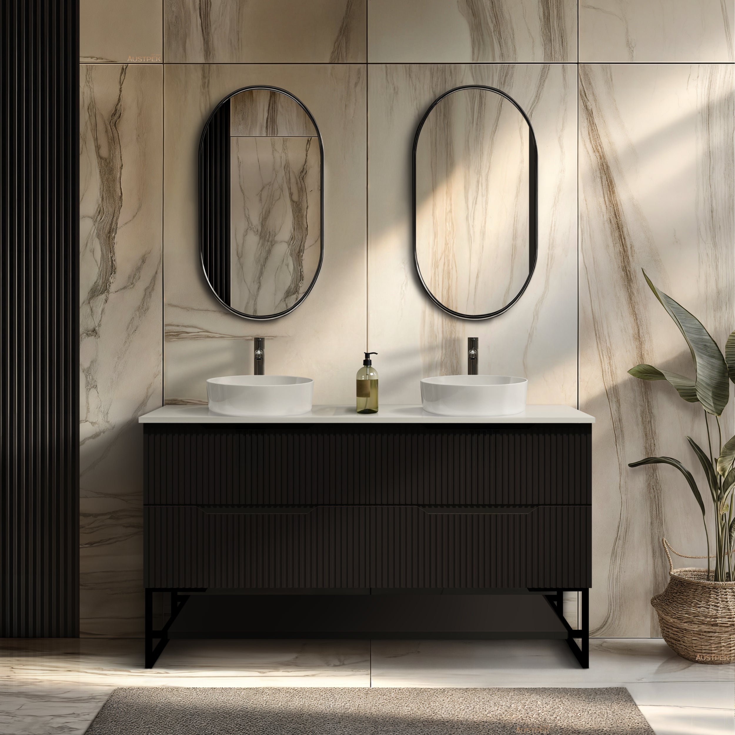 RIVA BALI MATTE BLACK 1500MM DOUBLE BOWL FLOOR STANDING VANITY