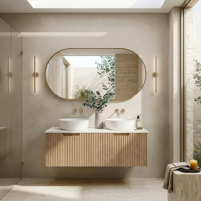 RIVA VIENNA AMERICAN OAK 1200MM DOUBLE BOWL WALL HUNG VANITY