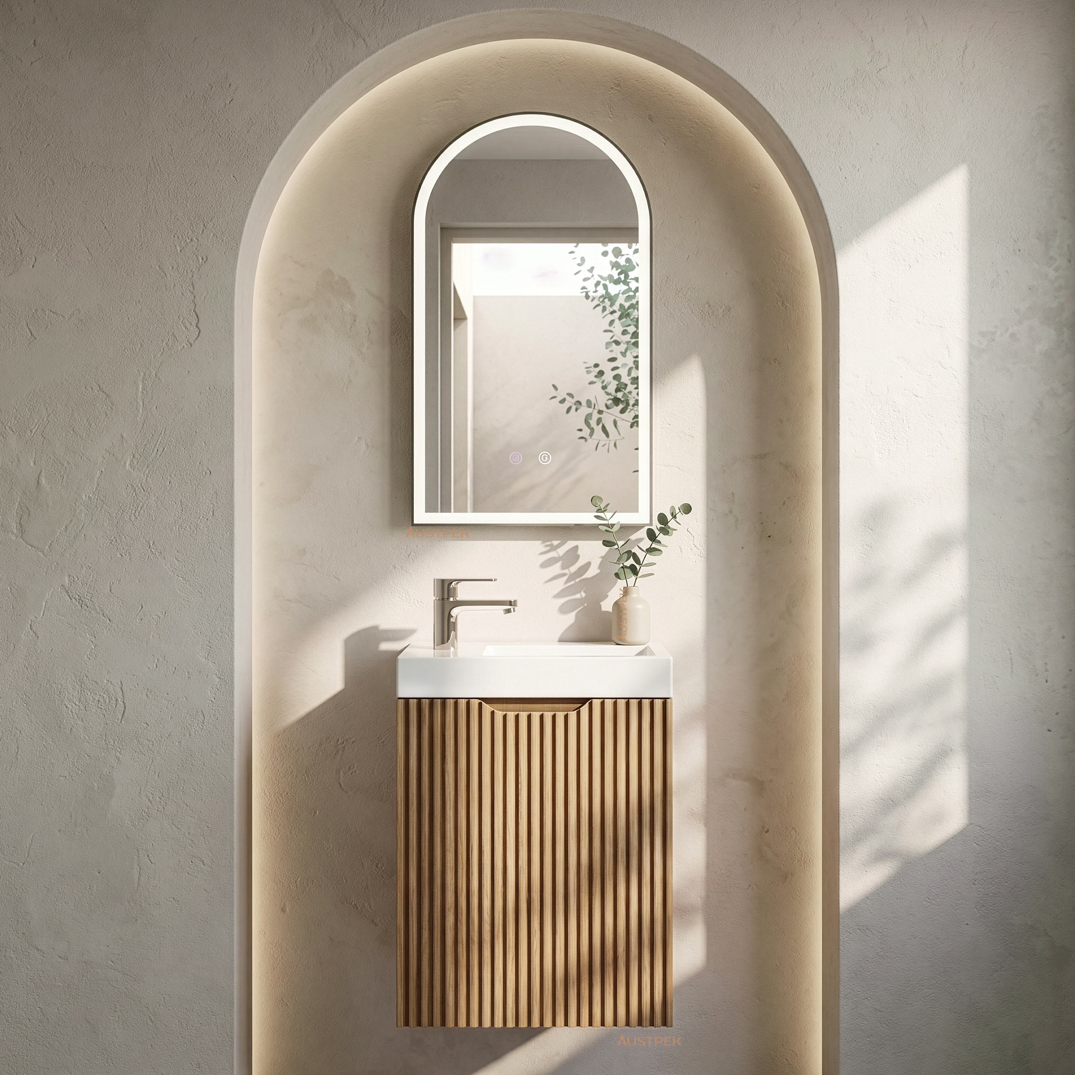 RIVA VIENNA AMERICAN OAK 450MM SPACE SAVING SINGLE BOWL WALL HUNG VANITY