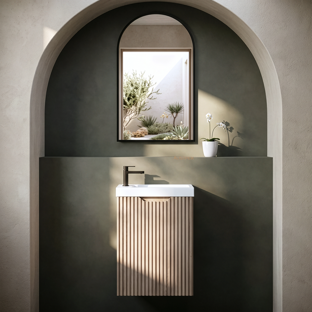 RIVA VIENNA WHITE OAK 450MM SPACE SAVING SINGLE BOWL WALL HUNG VANITY