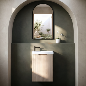 RIVA VIENNA WHITE OAK 450MM SPACE SAVING SINGLE BOWL WALL HUNG VANITY