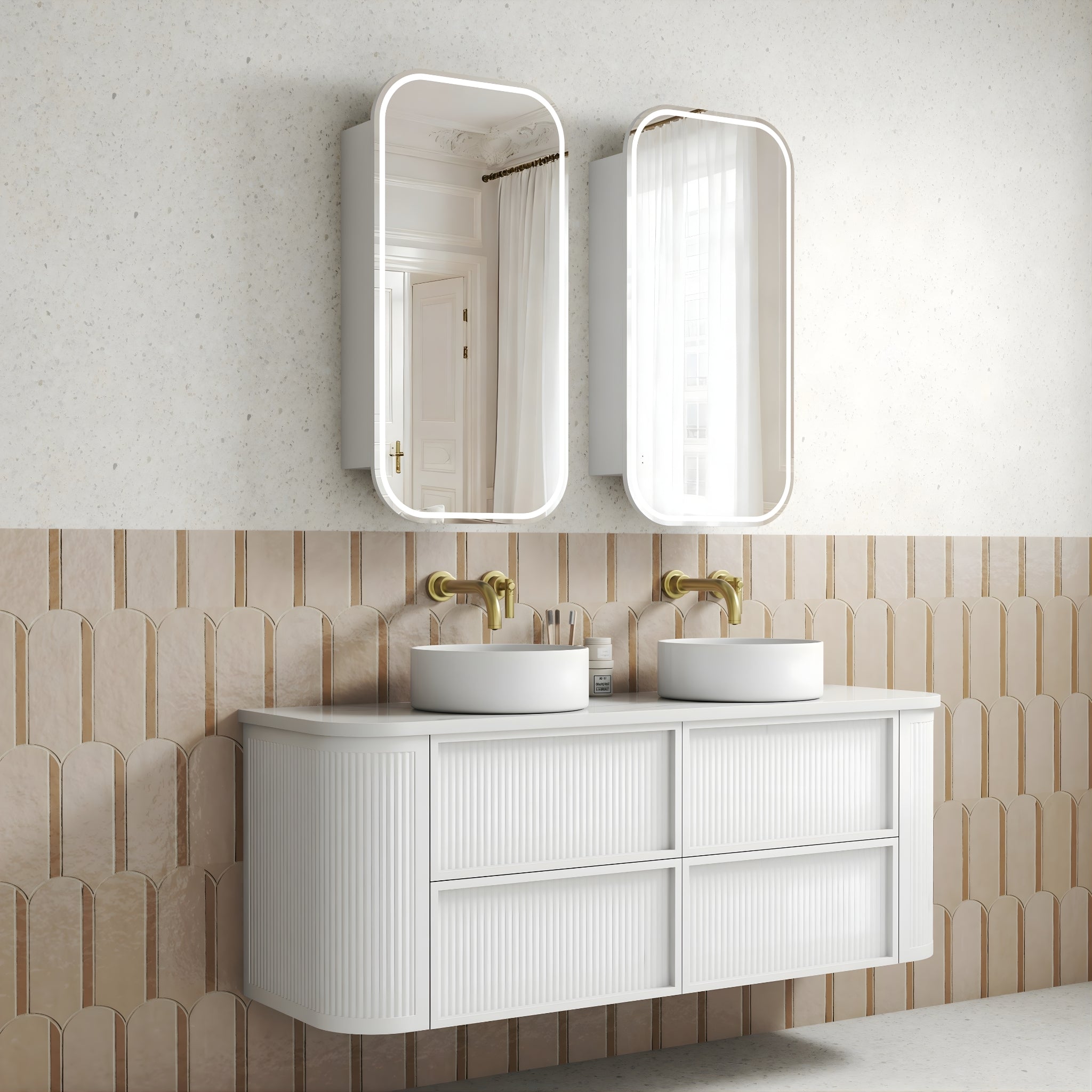 AULIC RAMEE CURVED MATTE WHITE 1500MM DOUBLE BOWL WALL HUNG VANITY