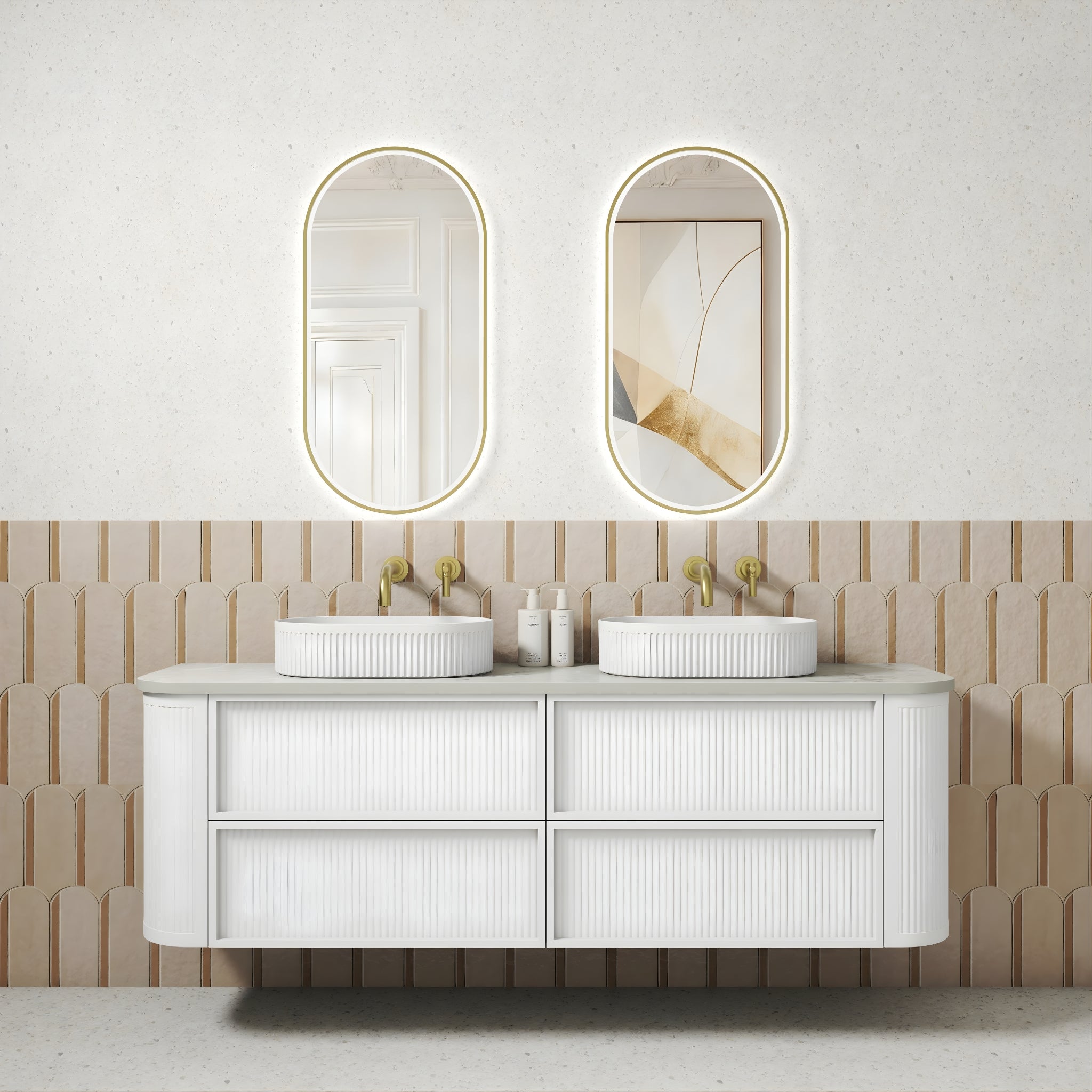 AULIC RAMEE CURVED MATTE WHITE 1800MM DOUBLE BOWL WALL HUNG VANITY