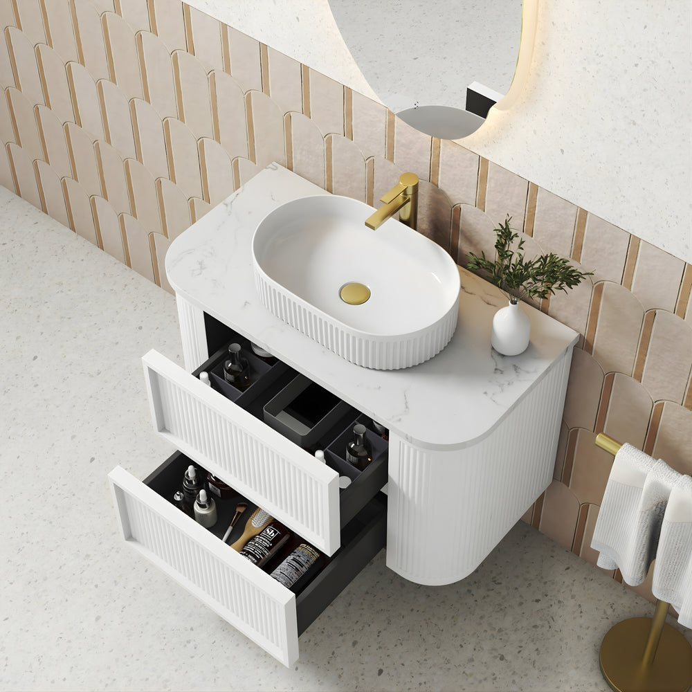 AULIC RAMEE CURVED MATTE WHITE 750MM SINGLE BOWL WALL HUNG VANITY