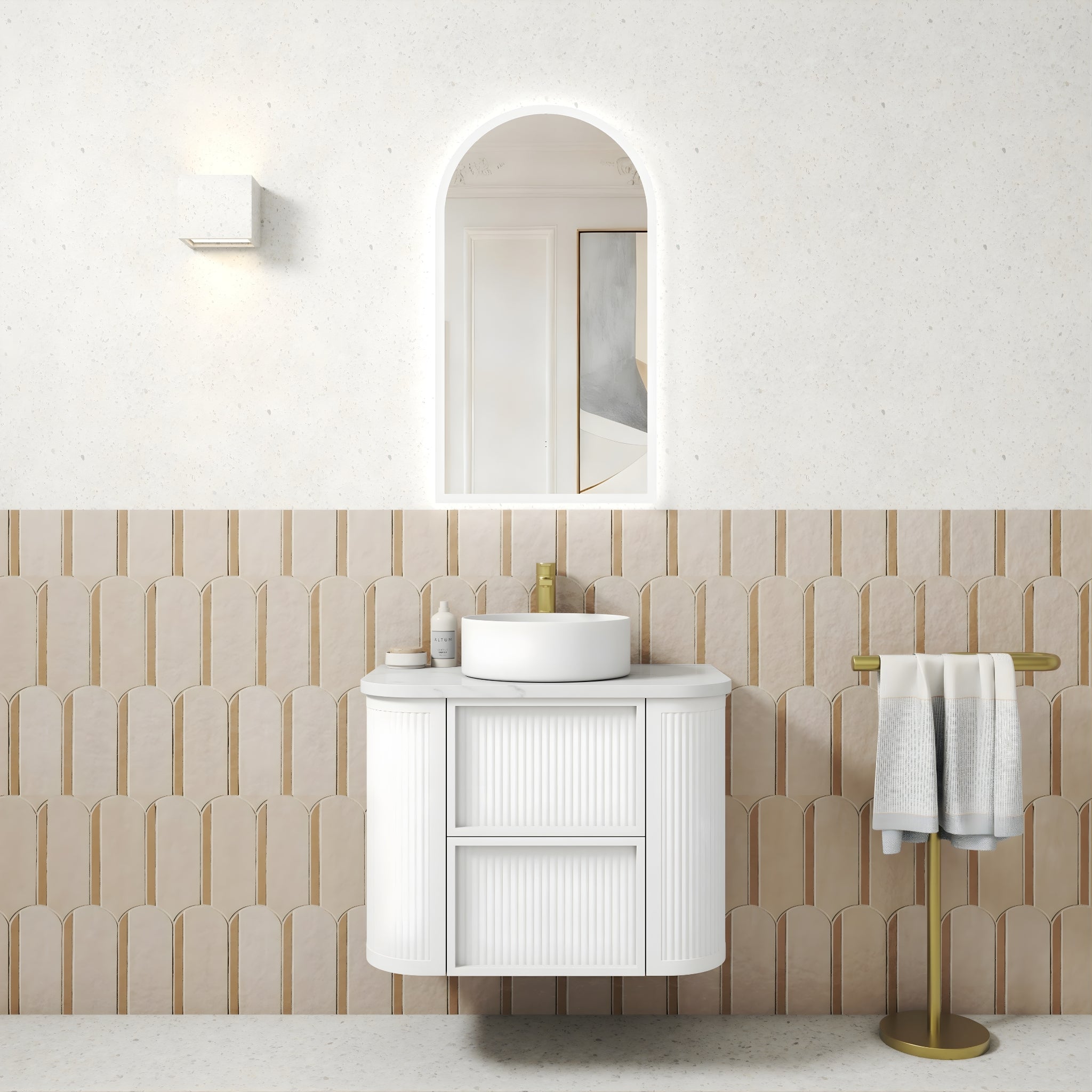 AULIC RAMEE CURVED MATTE WHITE 750MM SINGLE BOWL WALL HUNG VANITY