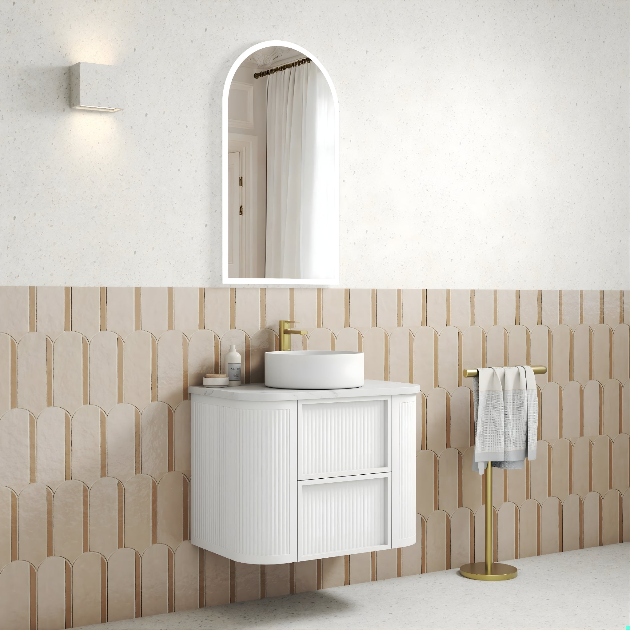 AULIC RAMEE CURVED MATTE WHITE 750MM SINGLE BOWL WALL HUNG VANITY