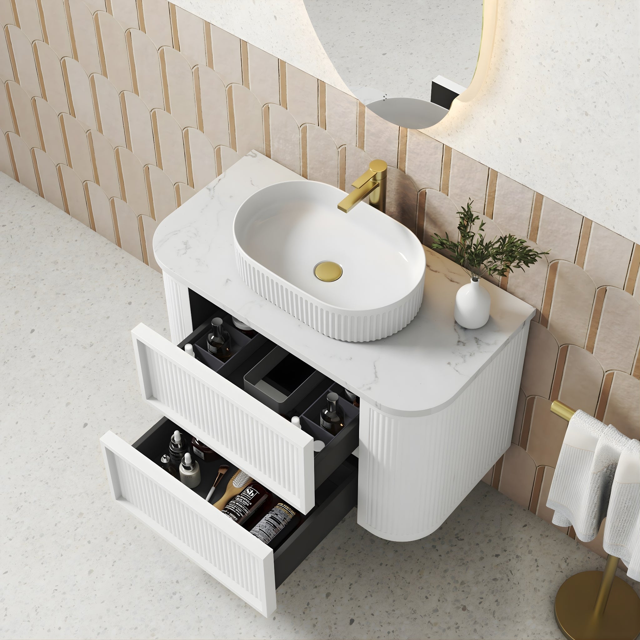 AULIC RAMEE CURVED MATTE WHITE 750MM SINGLE BOWL WALL HUNG VANITY