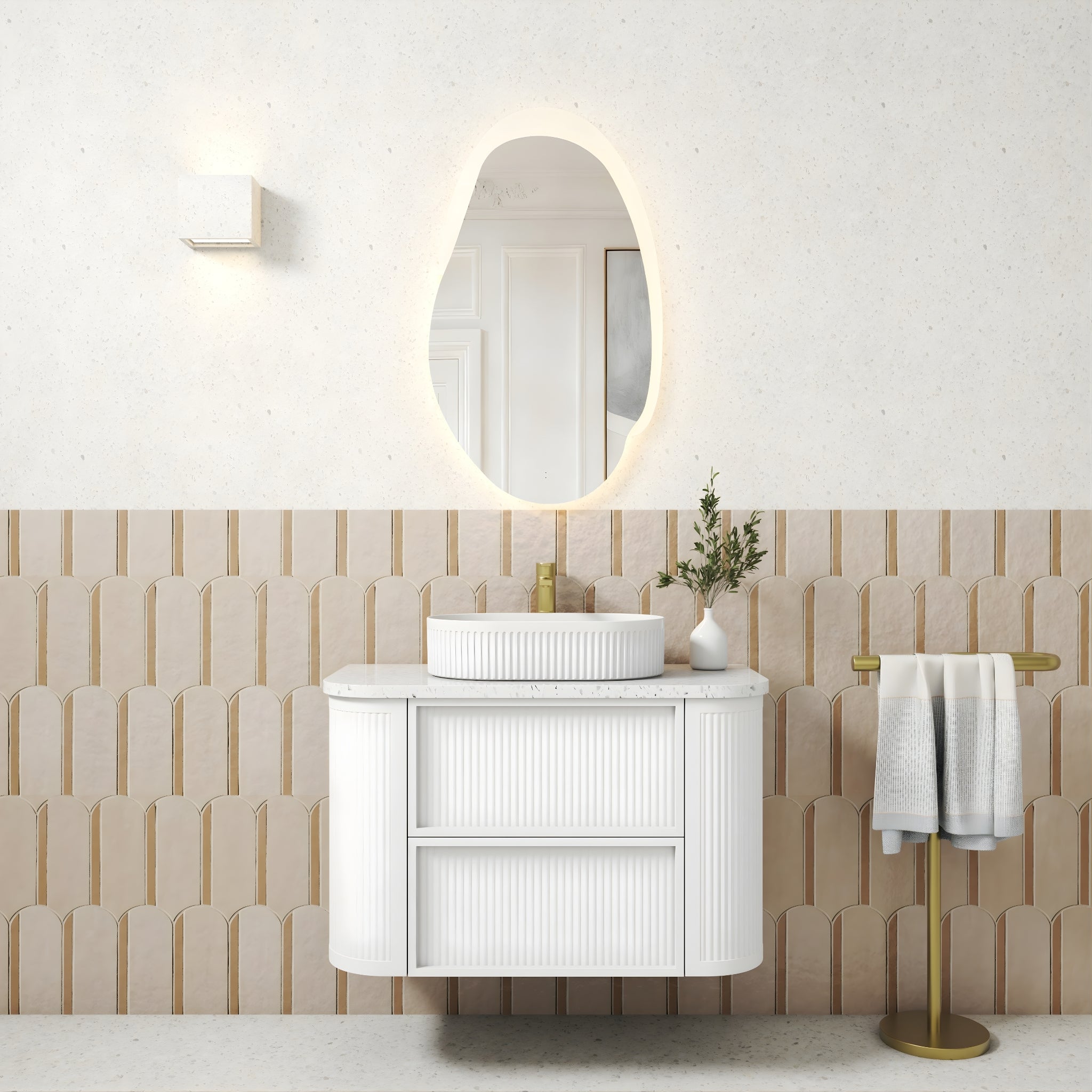 AULIC RAMEE CURVED MATTE WHITE 900MM SINGLE BOWL WALL HUNG VANITY