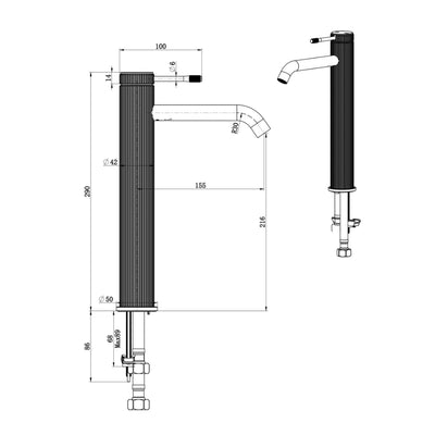 BELLA VISTA MICA FLUTED LEAD FREE TALL BASIN MIXER 290MM BLACK