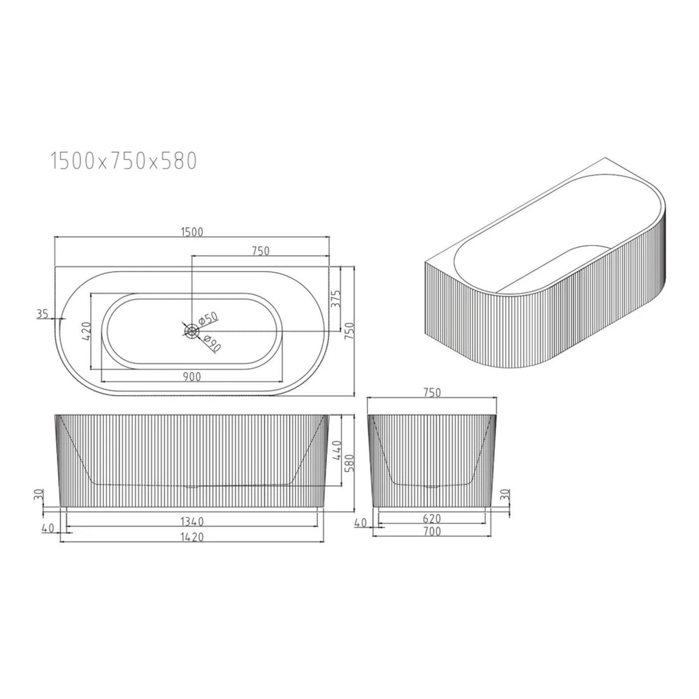 MERCIO ROSE FLUTED BACK TO WALL BATHTUB MATTE WHITE (AVAILABLE IN 1500MM AND 1700MM)