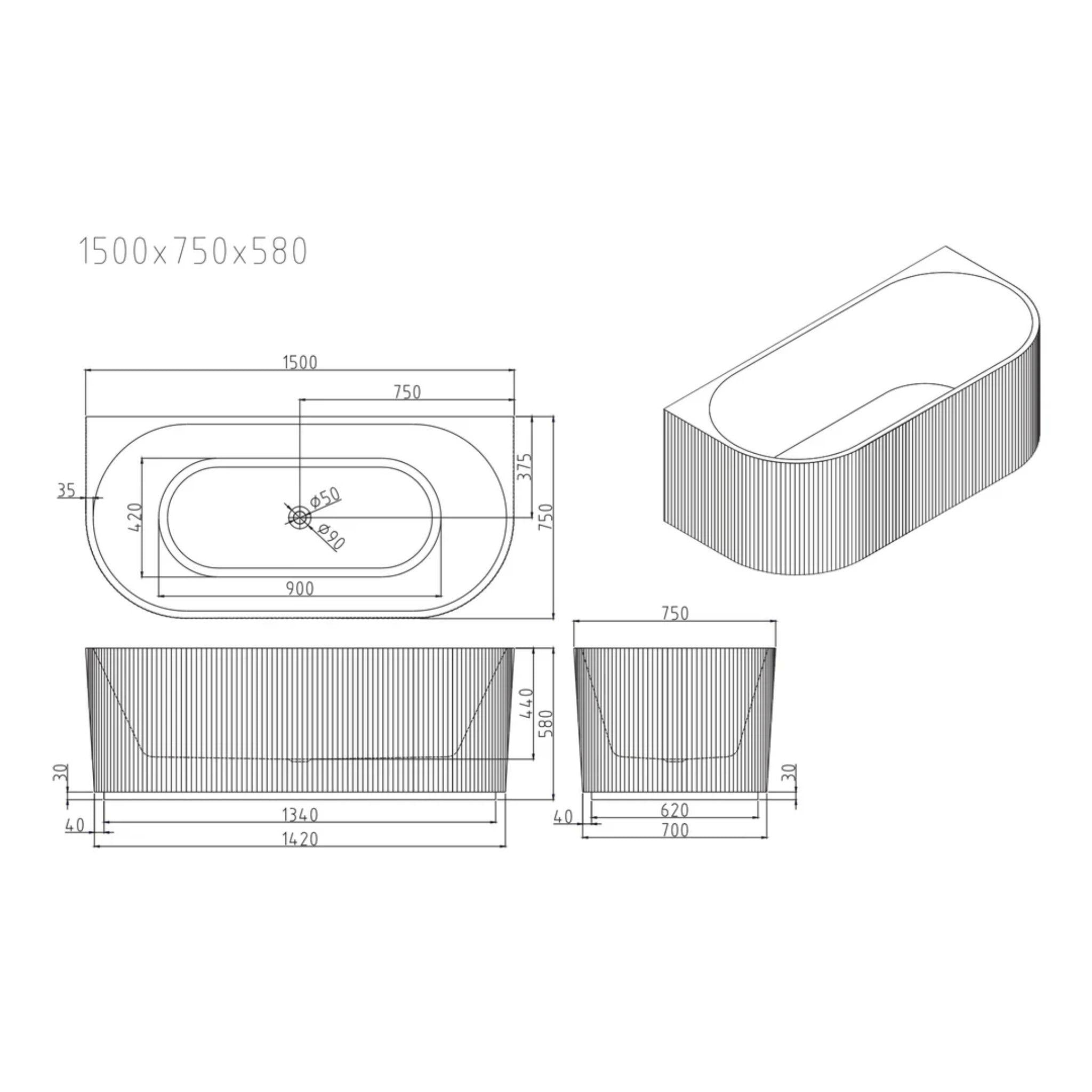 MERCIO ROSE FLUTED BACK TO WALL BATHTUB MATTE WHITE (AVAILABLE IN 1500MM AND 1700MM)