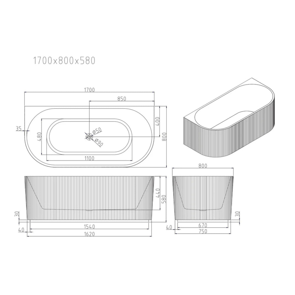 MERCIO ROSE FLUTED BACK TO WALL BATHTUB MATTE WHITE (AVAILABLE IN 1500MM AND 1700MM)