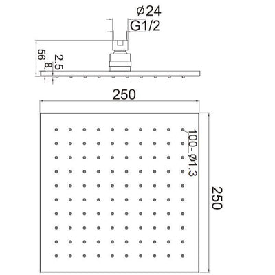 NERO SQUARE SHOWER HEAD 250MM BRUSHED GOLD