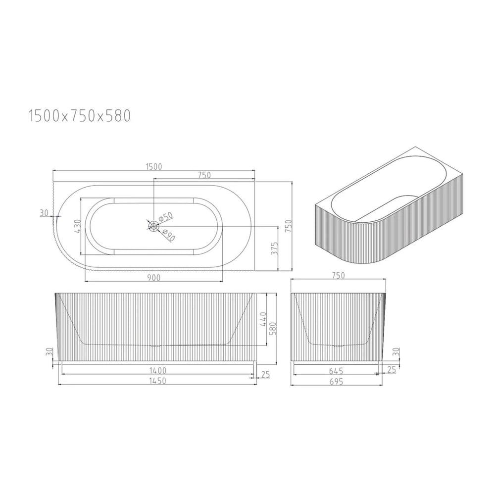MERCIO ROSE V-GROOVE RIGHT CORNER BATHTUB MATTE WHITE (AVAILABLE IN 1500MM AND 1700MM)