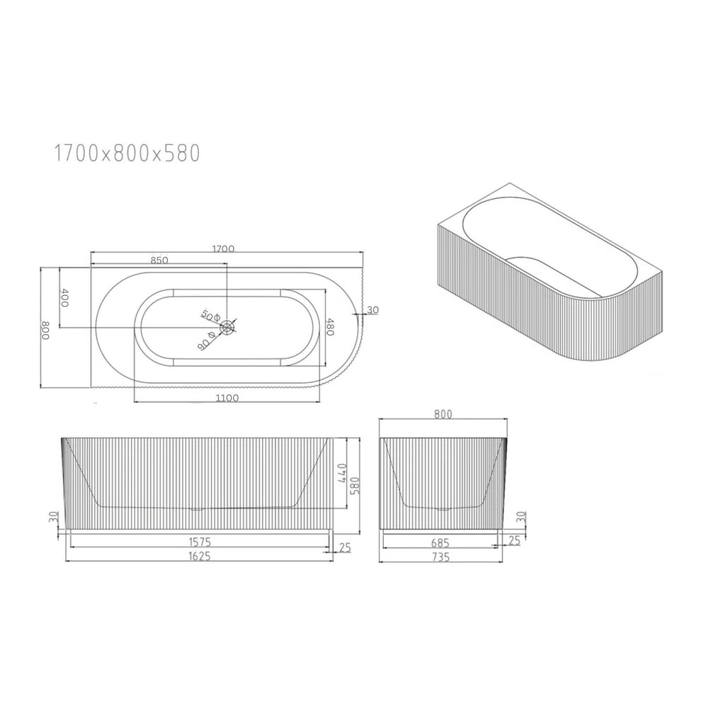 MERCIO ROSE V-GROOVE LEFT CORNER BATHTUB MATTE WHITE 1700MM