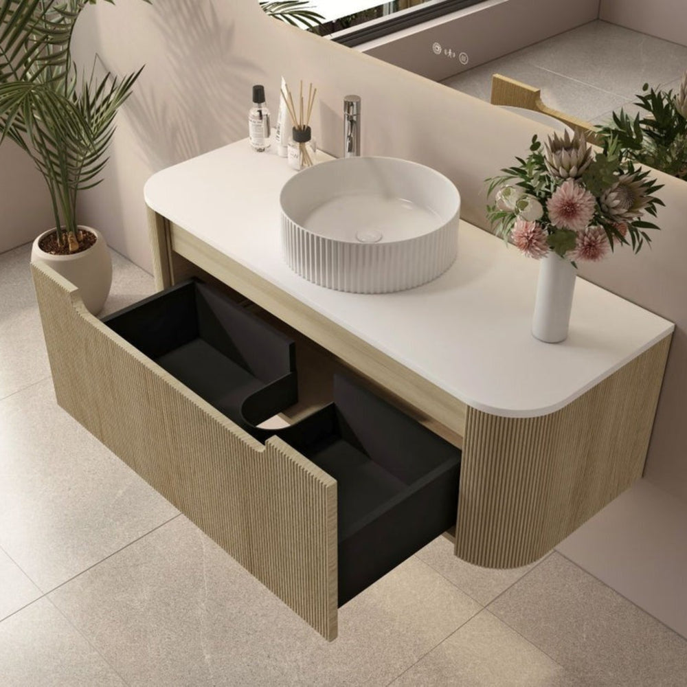 MERCIO ROME BUR OAK FLUTED 1200MM SINGLE BOWL WALL HUNG VANITY