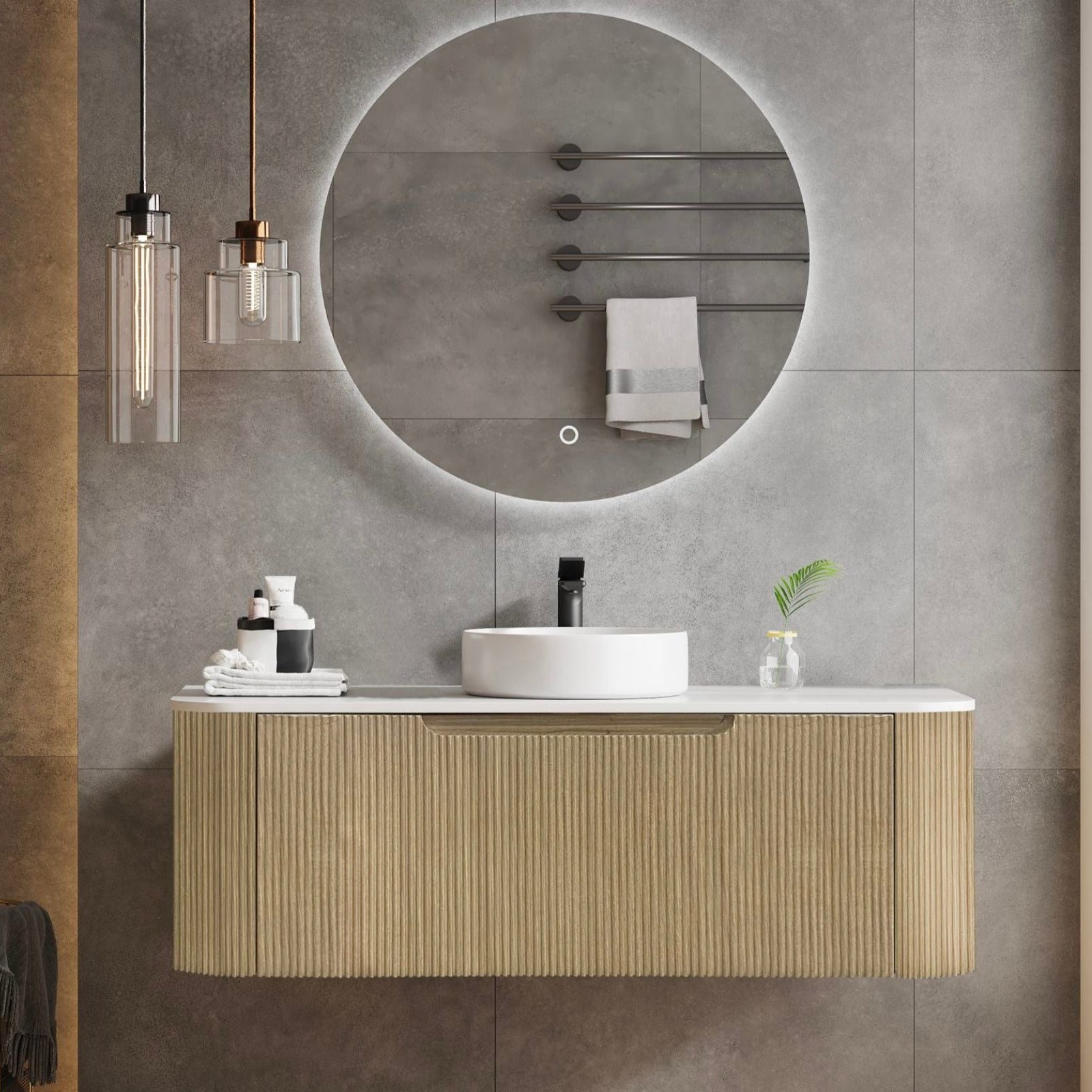 MERCIO ROME BUR OAK FLUTED 1200MM SINGLE BOWL WALL HUNG VANITY