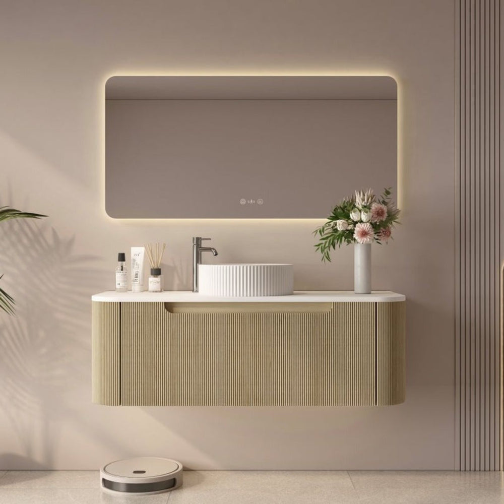 MERCIO ROME BUR OAK FLUTED 1200MM SINGLE BOWL WALL HUNG VANITY