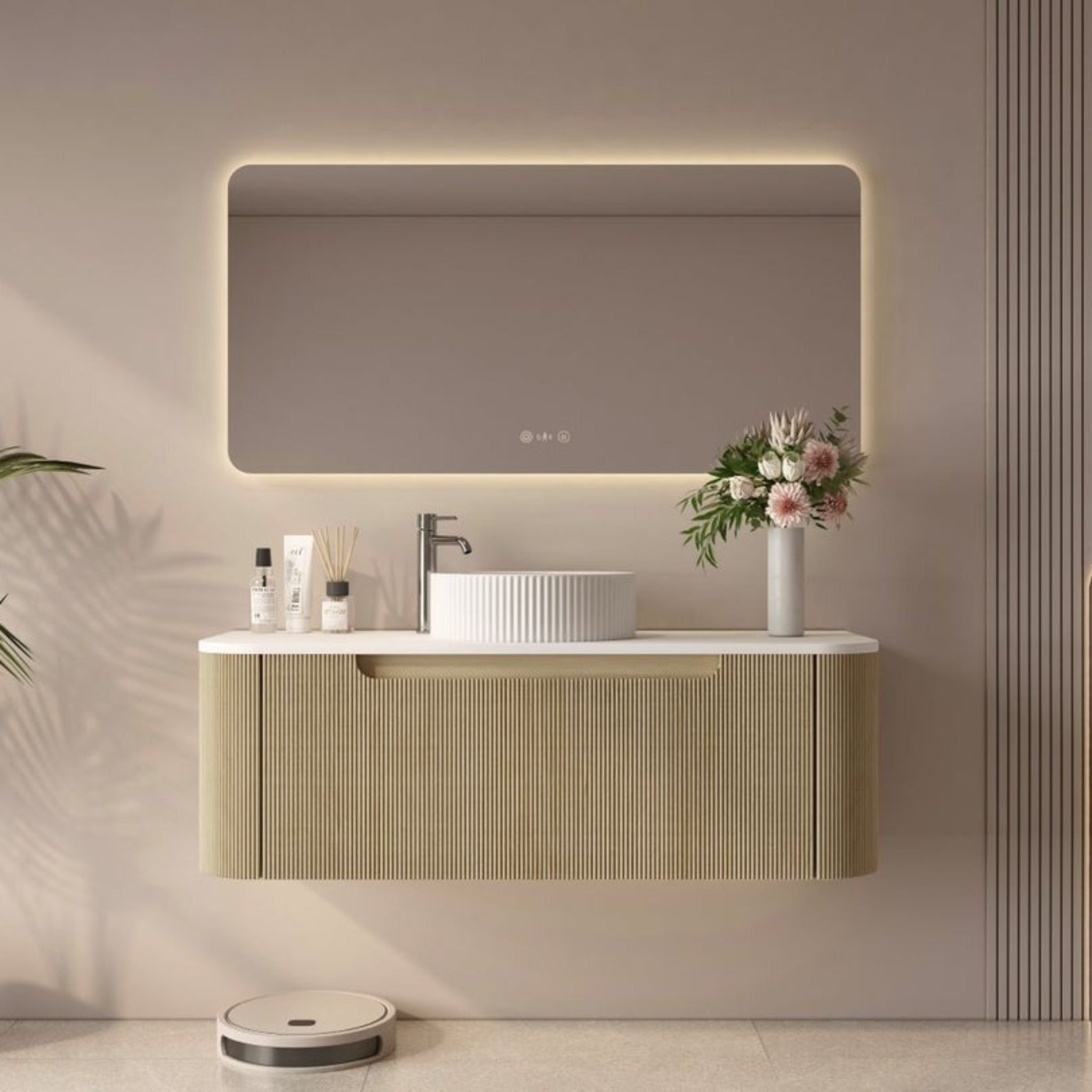 MERCIO ROME BUR OAK FLUTED 1200MM SINGLE BOWL WALL HUNG VANITY