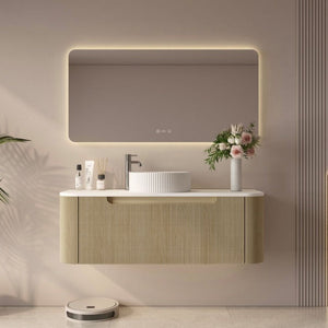 MERCIO ROME BUR OAK FLUTED 1200MM SINGLE BOWL WALL HUNG VANITY