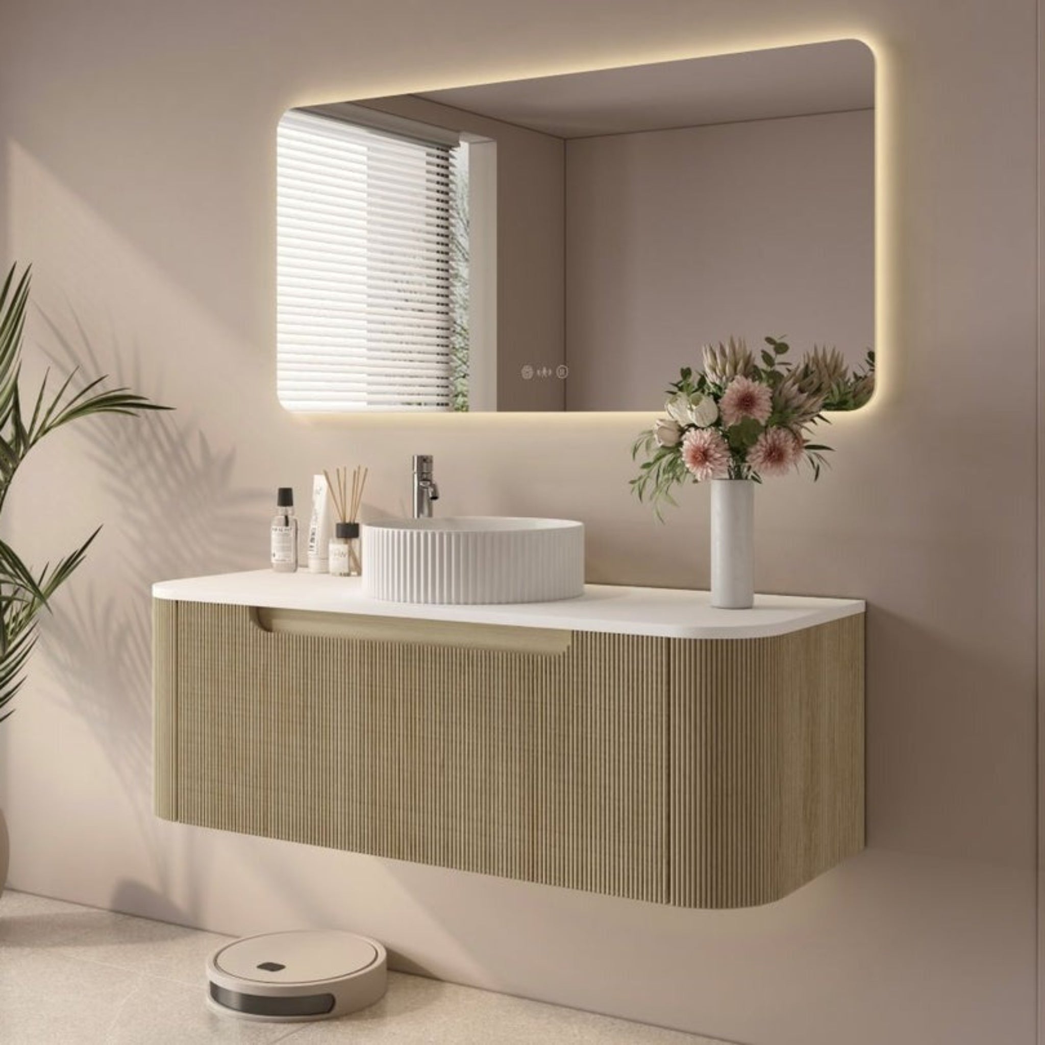 MERCIO ROME BUR OAK FLUTED 1200MM SINGLE BOWL WALL HUNG VANITY