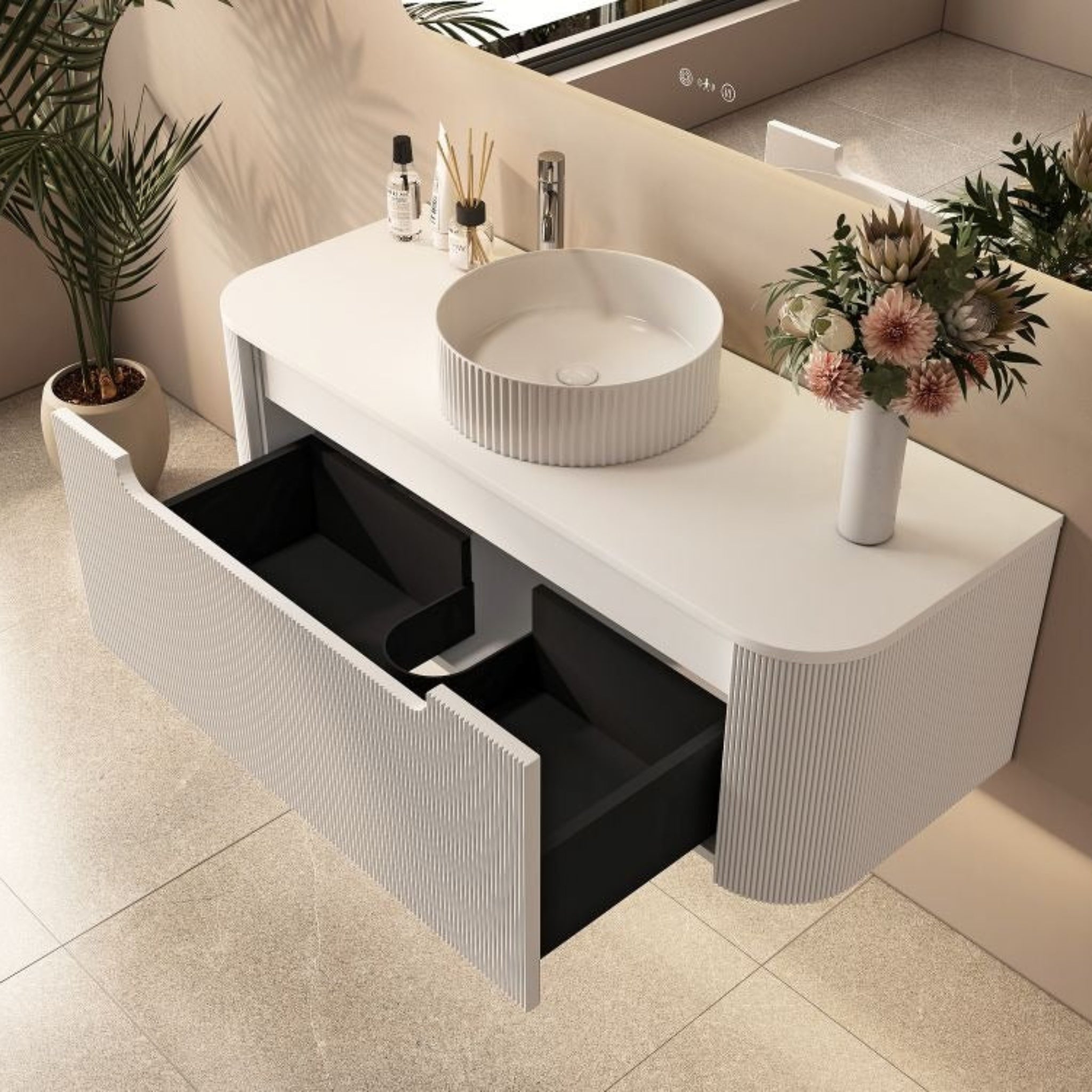 MERCIO ROME MATTE WHITE FLUTED 1200MM SINGLE BOWL WALL HUNG VANITY