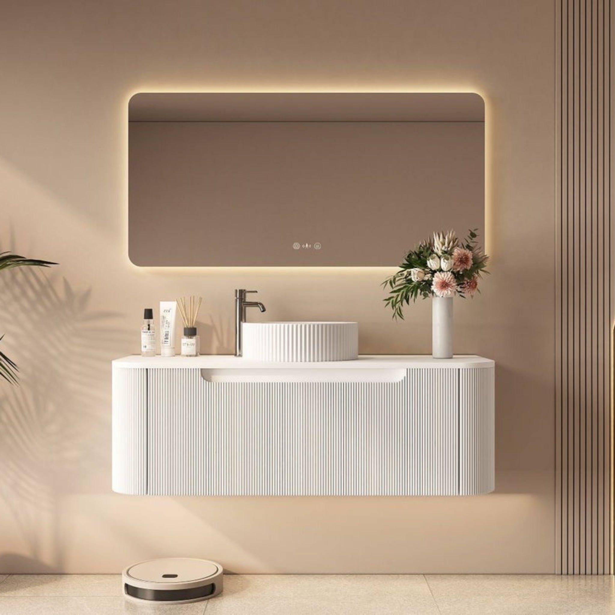MERCIO ROME MATTE WHITE FLUTED 1200MM SINGLE BOWL WALL HUNG VANITY