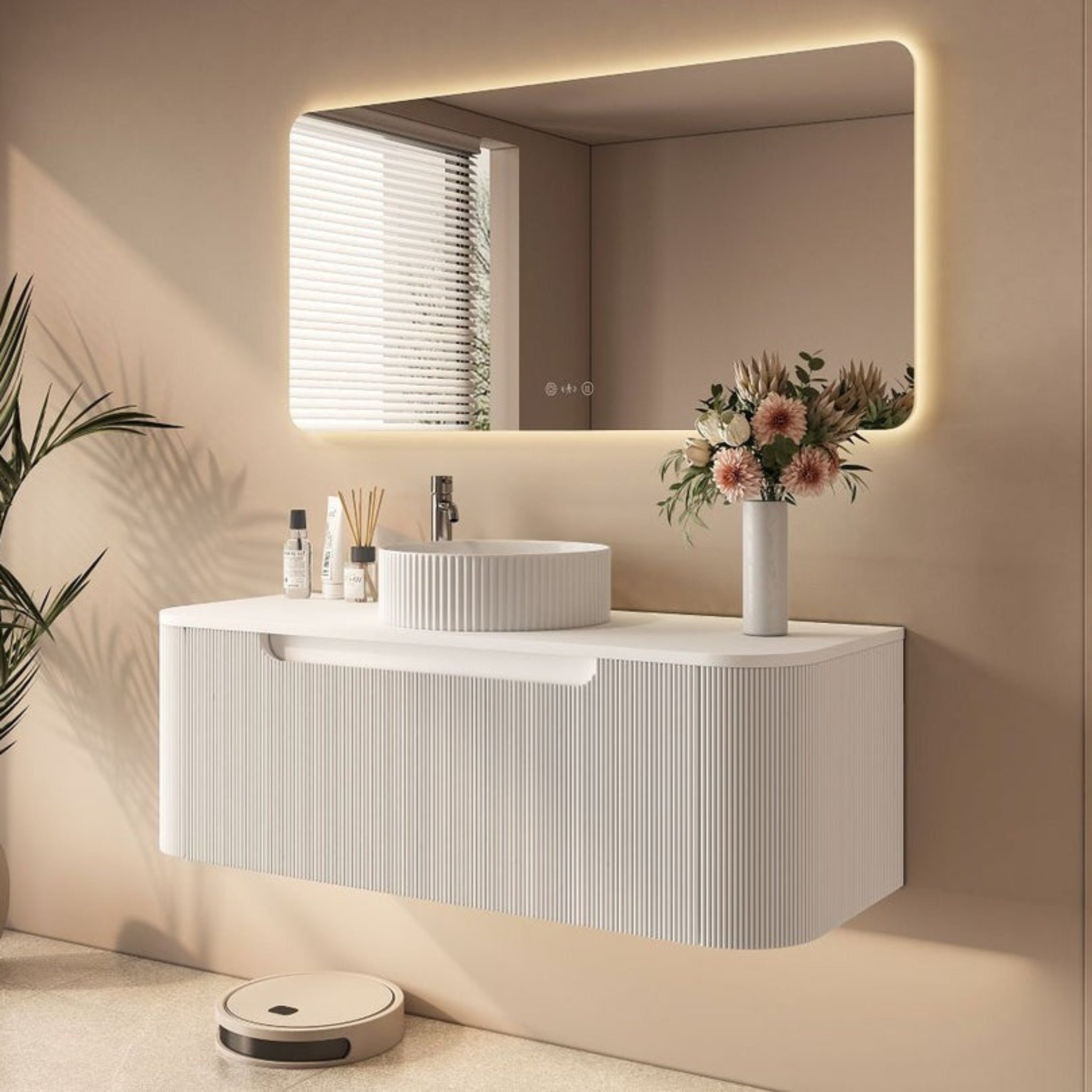 MERCIO ROME MATTE WHITE FLUTED 1200MM SINGLE BOWL WALL HUNG VANITY