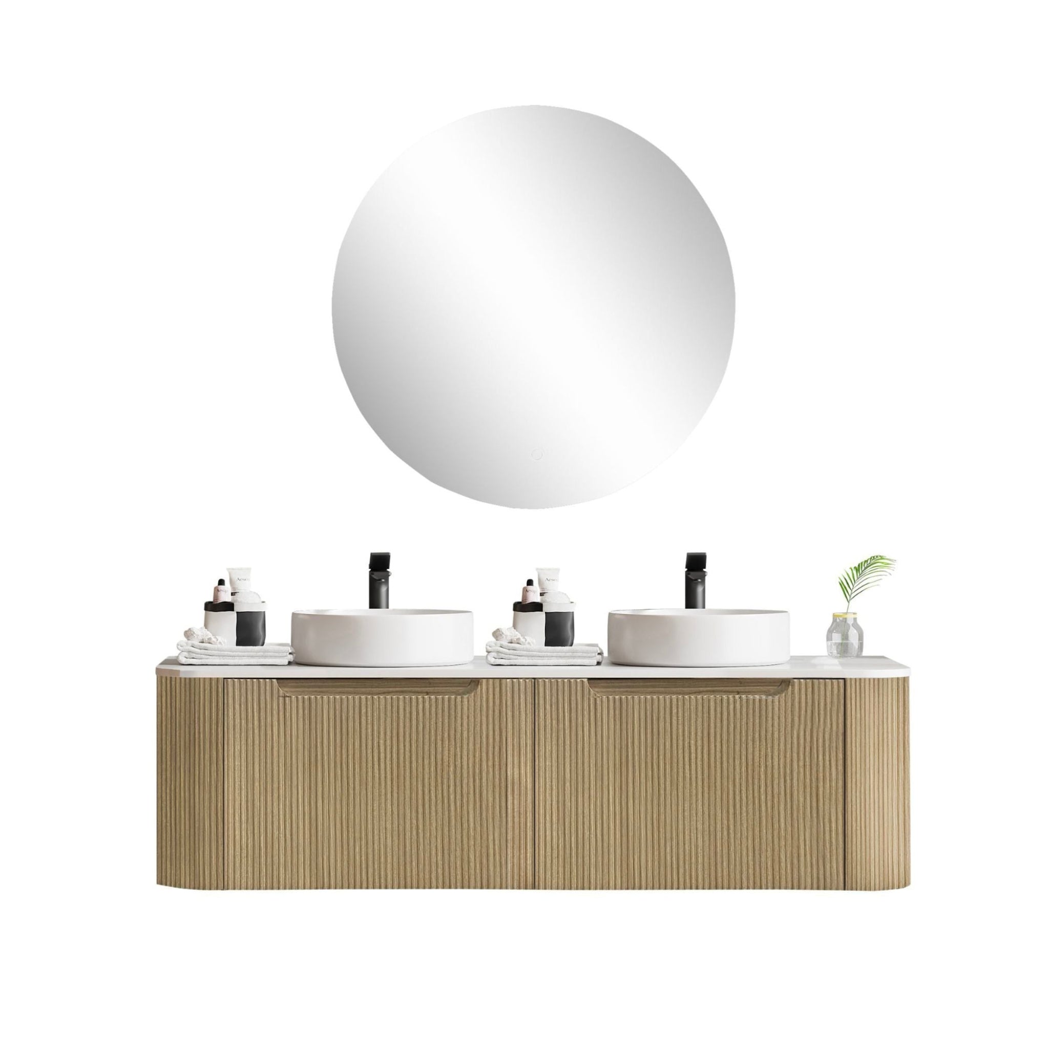 MERCIO ROME BUR OAK FLUTED 1500MM DOUBLE BOWL WALL HUNG VANITY