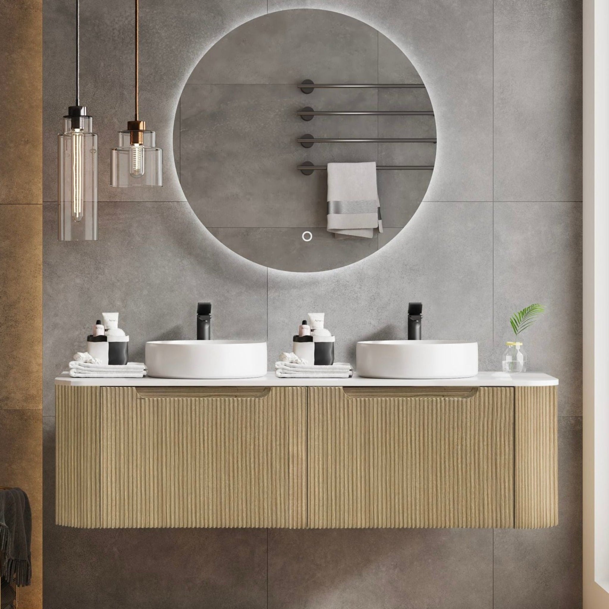 MERCIO ROME BUR OAK FLUTED 1500MM DOUBLE BOWL WALL HUNG VANITY
