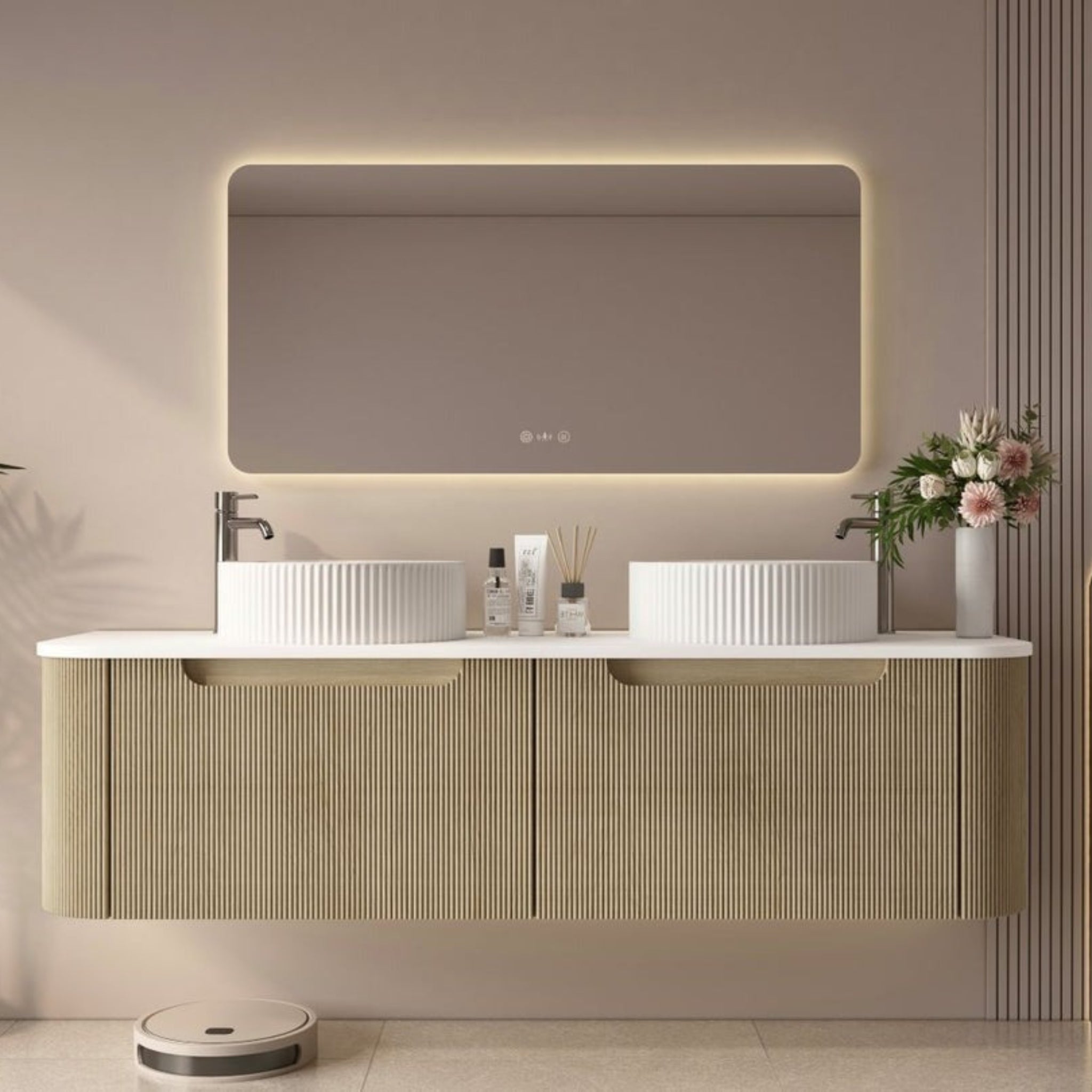 MERCIO ROME BUR OAK FLUTED 1500MM DOUBLE BOWL WALL HUNG VANITY