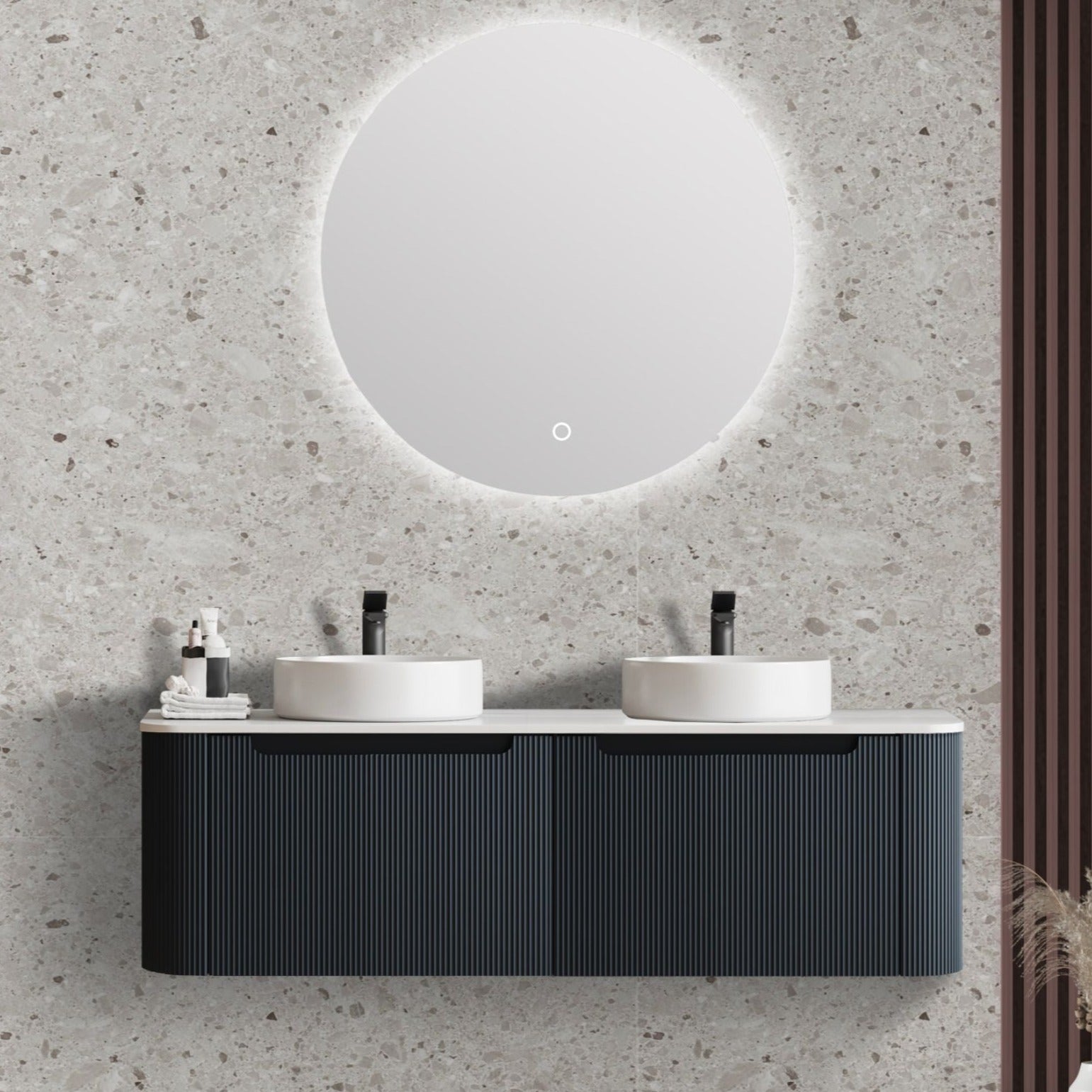 MERCIO ROME MATTE BLACK FLUTED 1500MM DOUBLE BOWL WALL HUNG VANITY