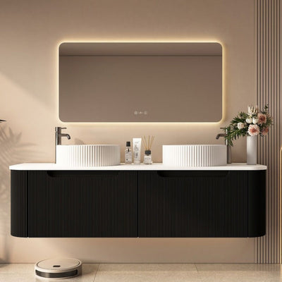 MERCIO ROME MATTE BLACK FLUTED 1500MM DOUBLE BOWL WALL HUNG VANITY