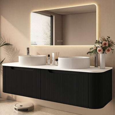 MERCIO ROME MATTE BLACK FLUTED 1500MM DOUBLE BOWL WALL HUNG VANITY