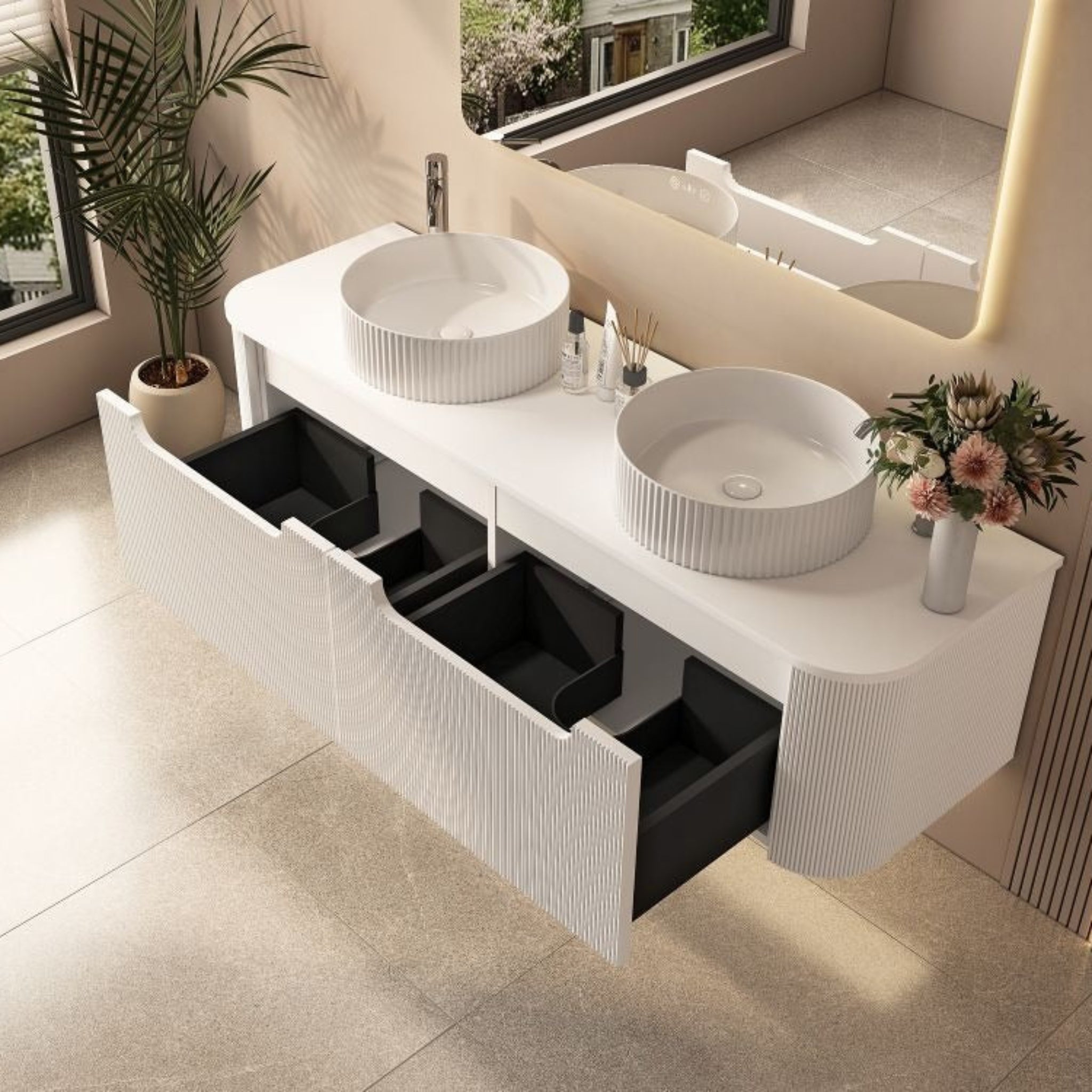 MERCIO ROME MATTE WHITE FLUTED 1500MM DOUBLE BOWL WALL HUNG VANITY