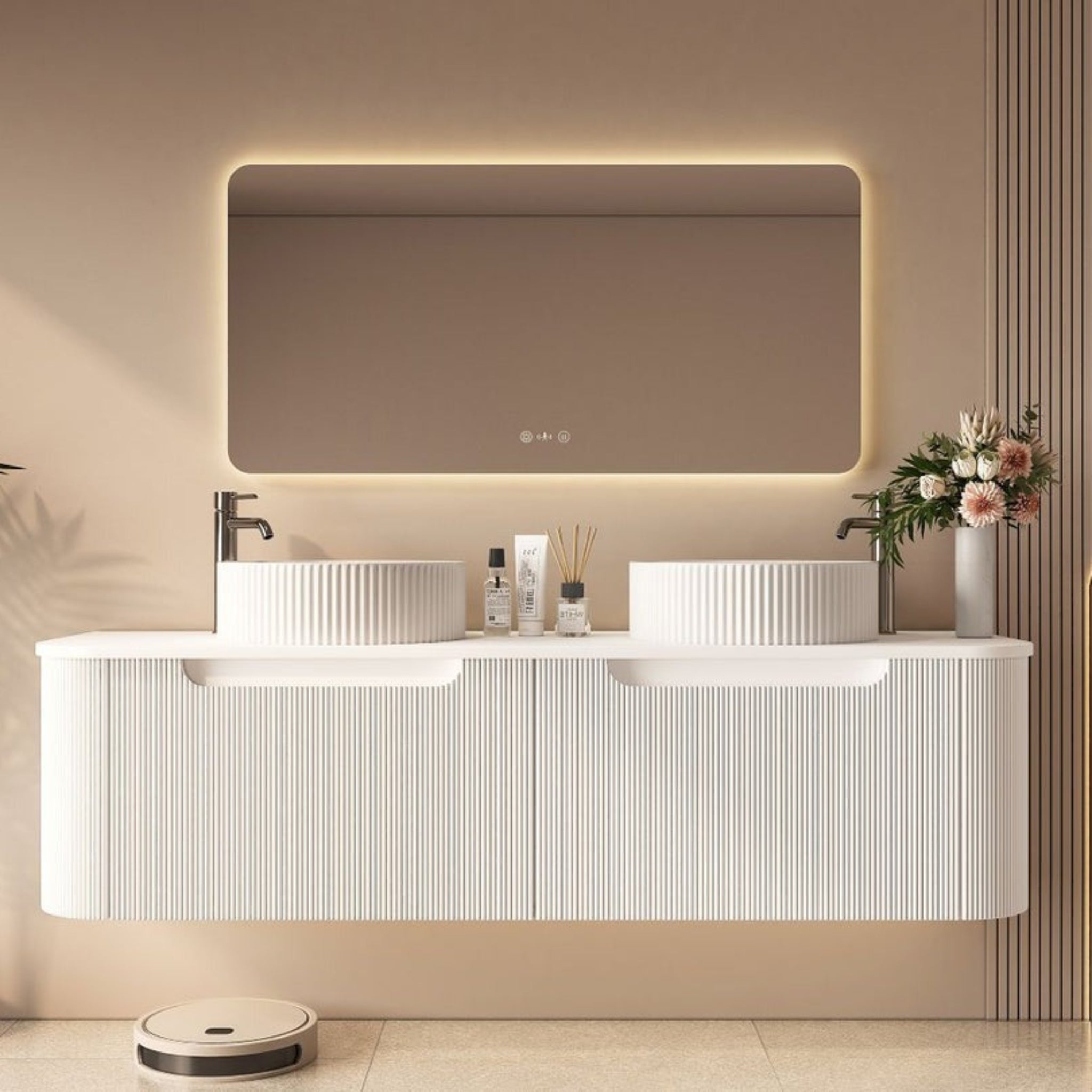 MERCIO ROME MATTE WHITE FLUTED 1500MM DOUBLE BOWL WALL HUNG VANITY