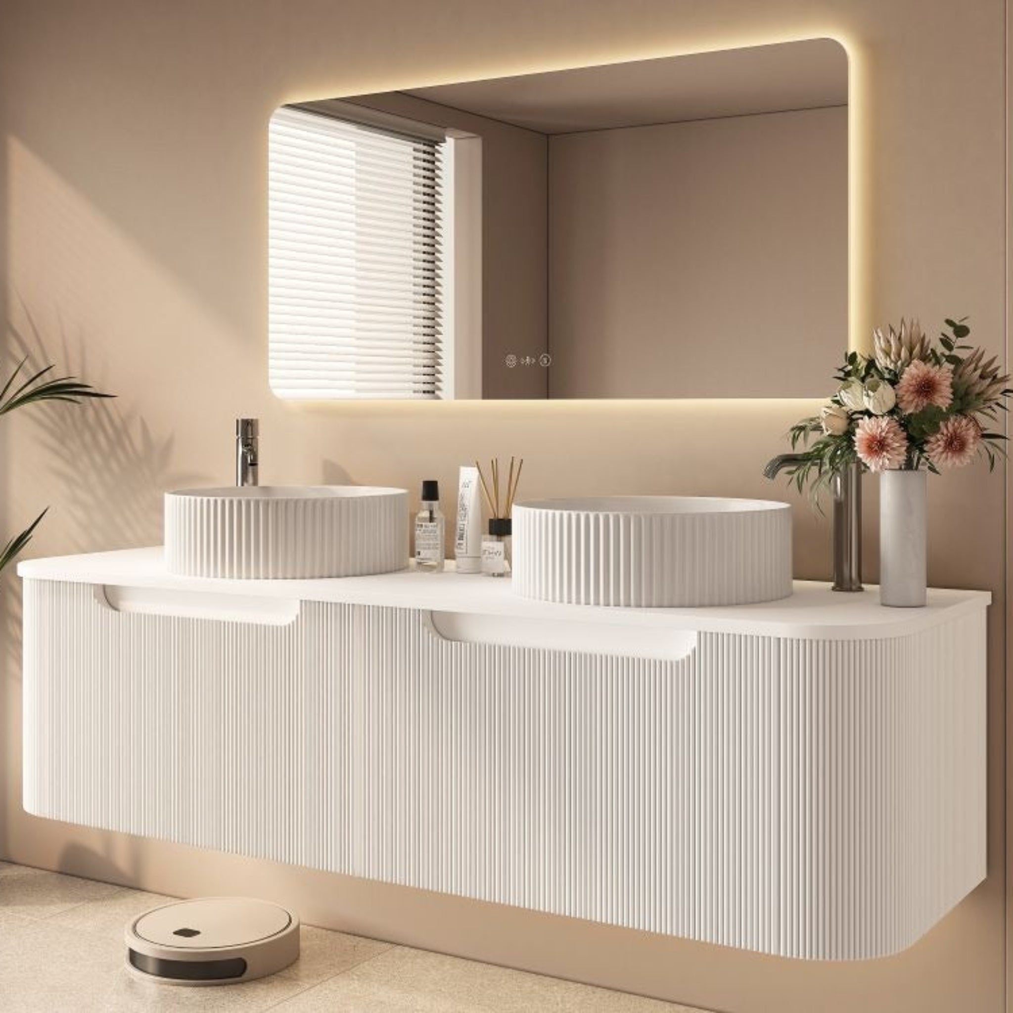 MERCIO ROME MATTE WHITE FLUTED 1500MM DOUBLE BOWL WALL HUNG VANITY