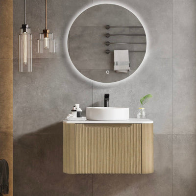 MERCIO ROME BUR OAK FLUTED 600MM SINGLE BOWL WALL HUNG VANITY