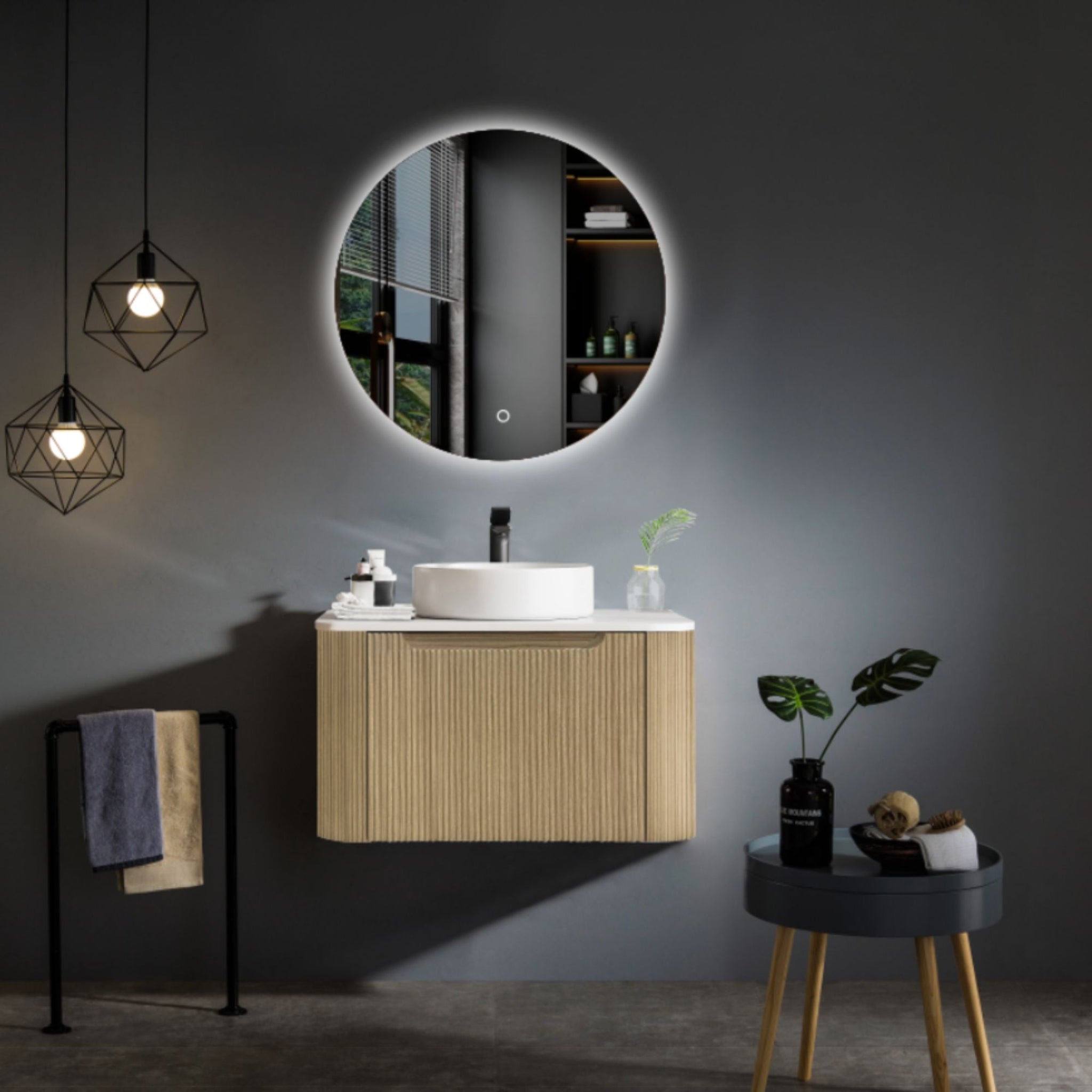 MERCIO ROME BUR OAK FLUTED 600MM SINGLE BOWL WALL HUNG VANITY