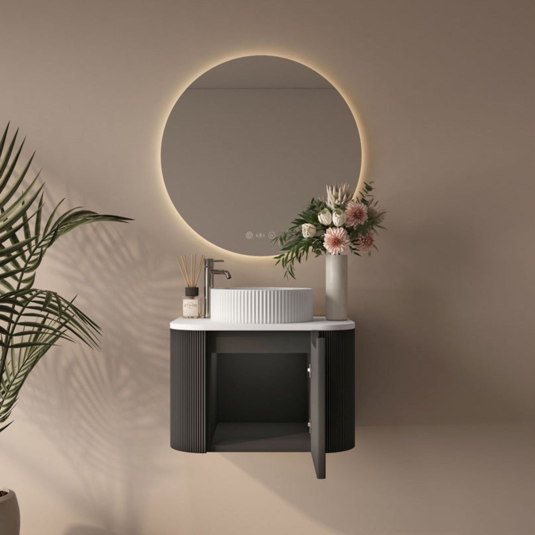 MERCIO ROME MATTE BLACK FLUTED 600MM SINGLE BOWL WALL HUNG VANITY